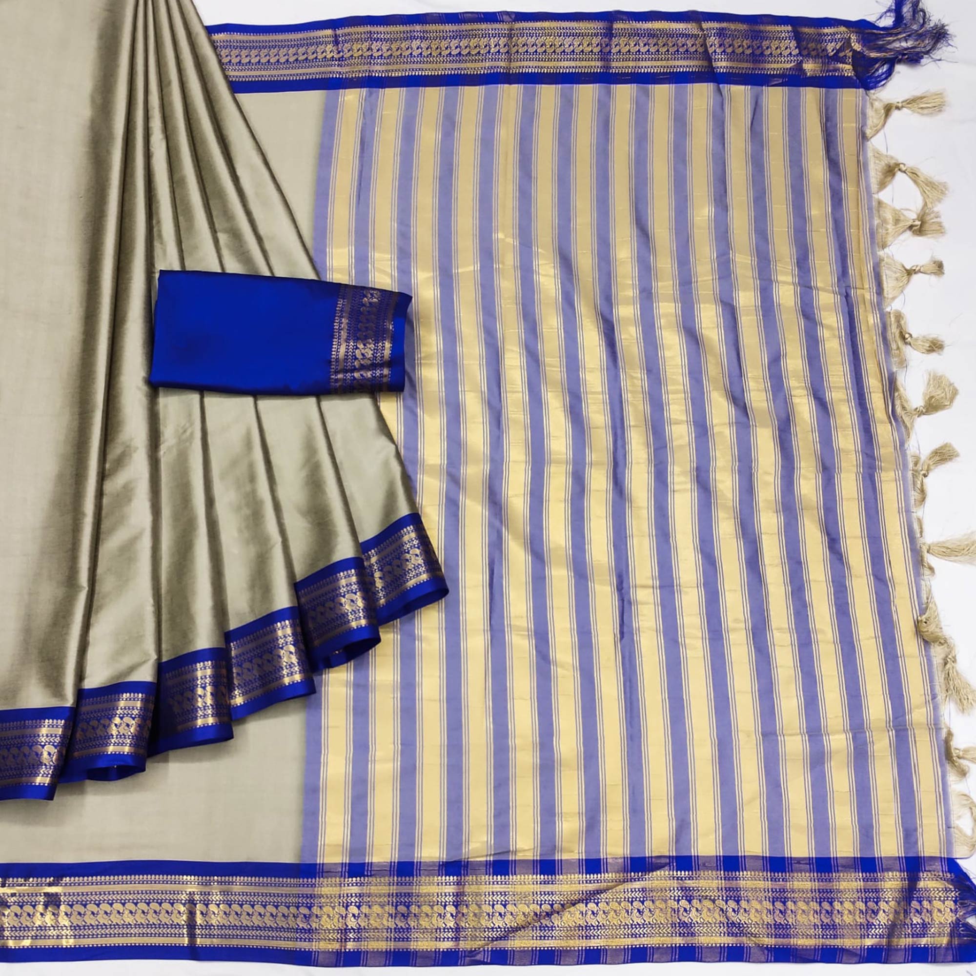 Chikoo & Blue Solid Cotton Silk Saree With Jacquard Border