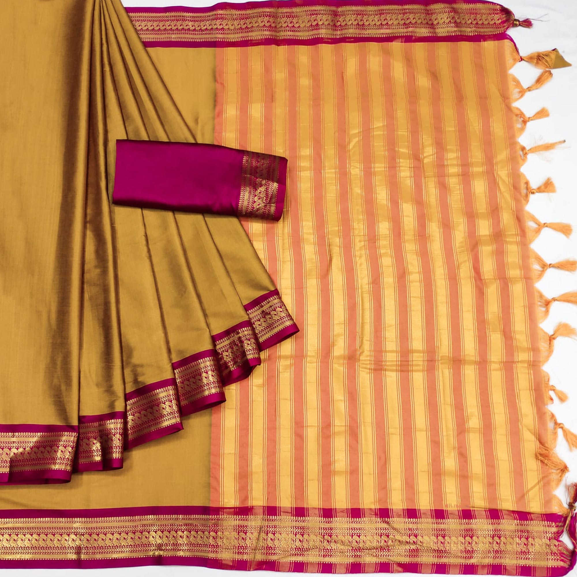 Mustard Solid Cotton Silk Saree With Jacquard Border