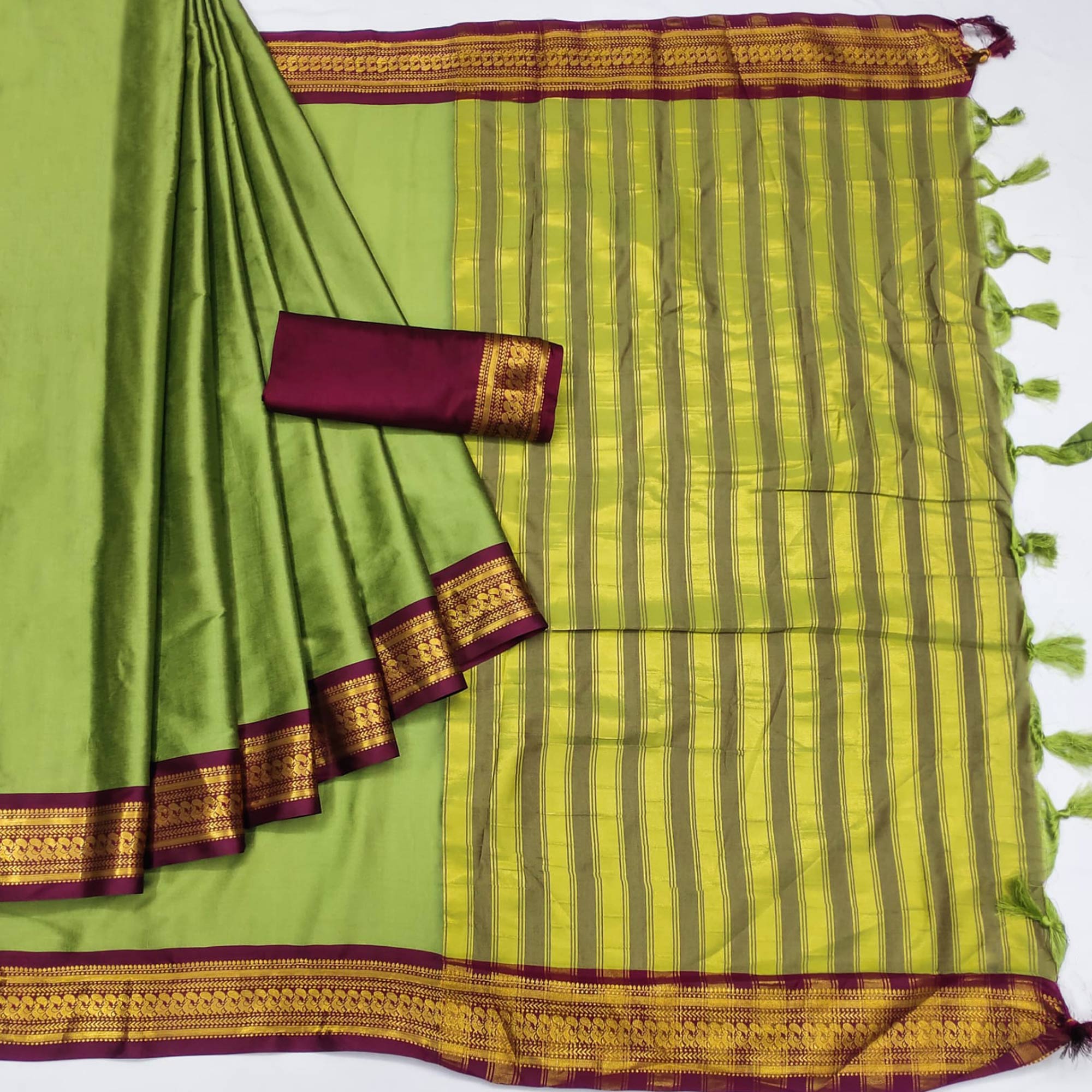 Olive Green Solid Cotton Silk Saree With Jacquard Border