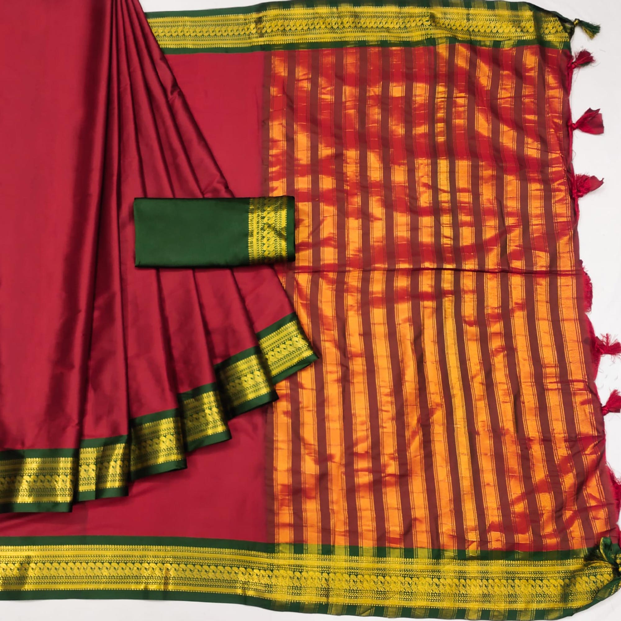 Red Solid Cotton Silk Saree With Jacquard Border