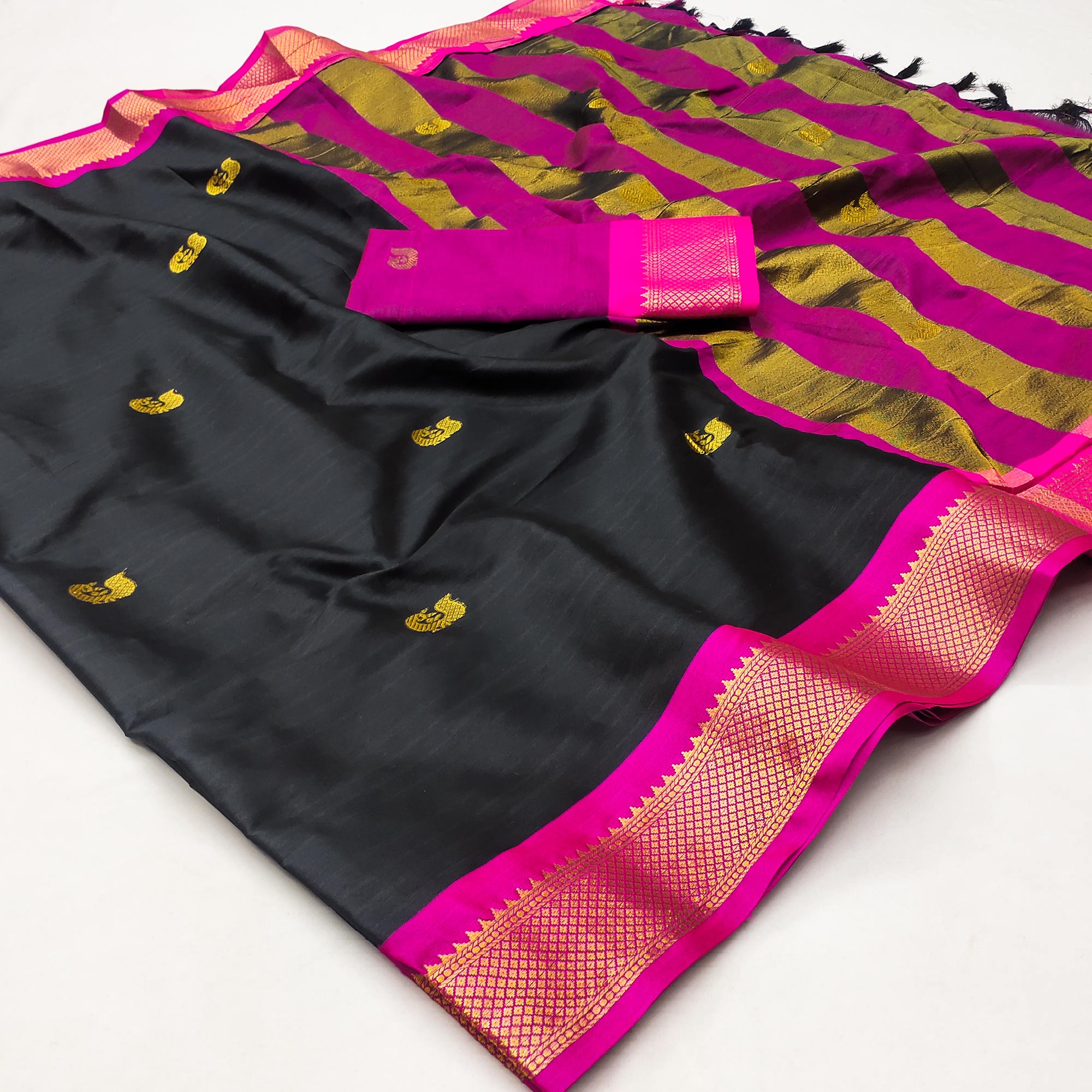 Black Butti Work Woven Cotton Silk Saree