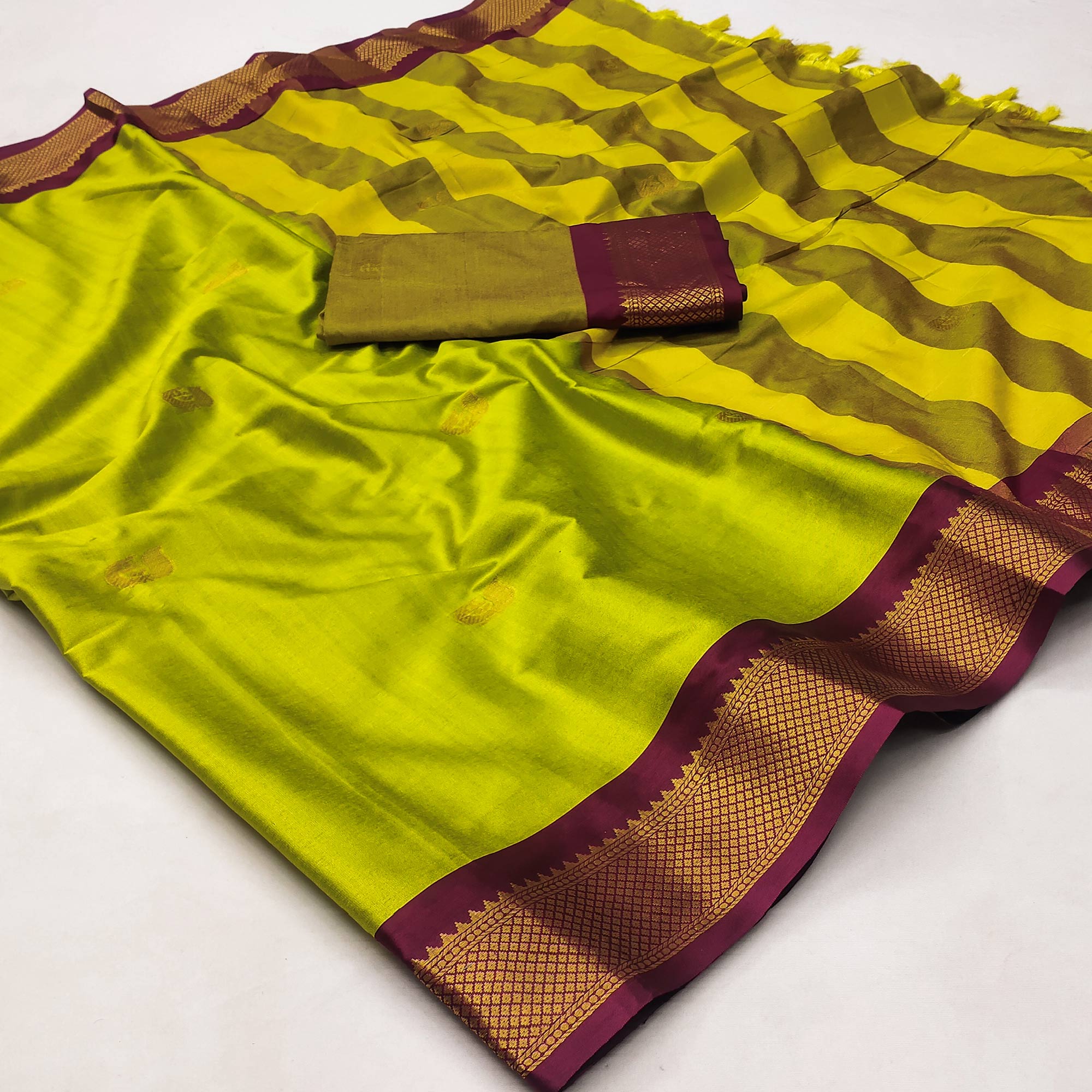 Lemon Green Butti Work Woven Cotton Silk Saree