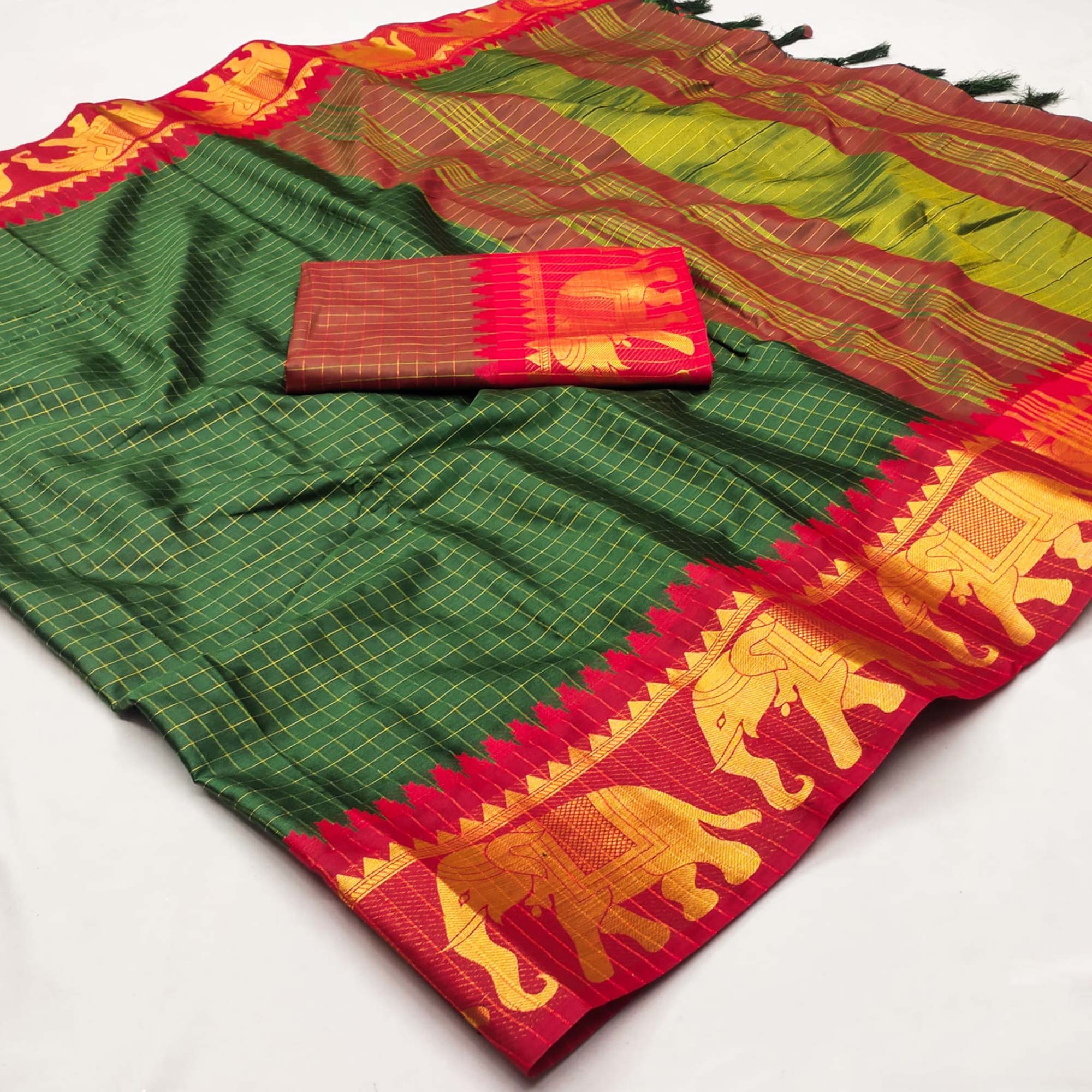 Bottle Green & Red Woven Cotton Silk Saree With Tassels