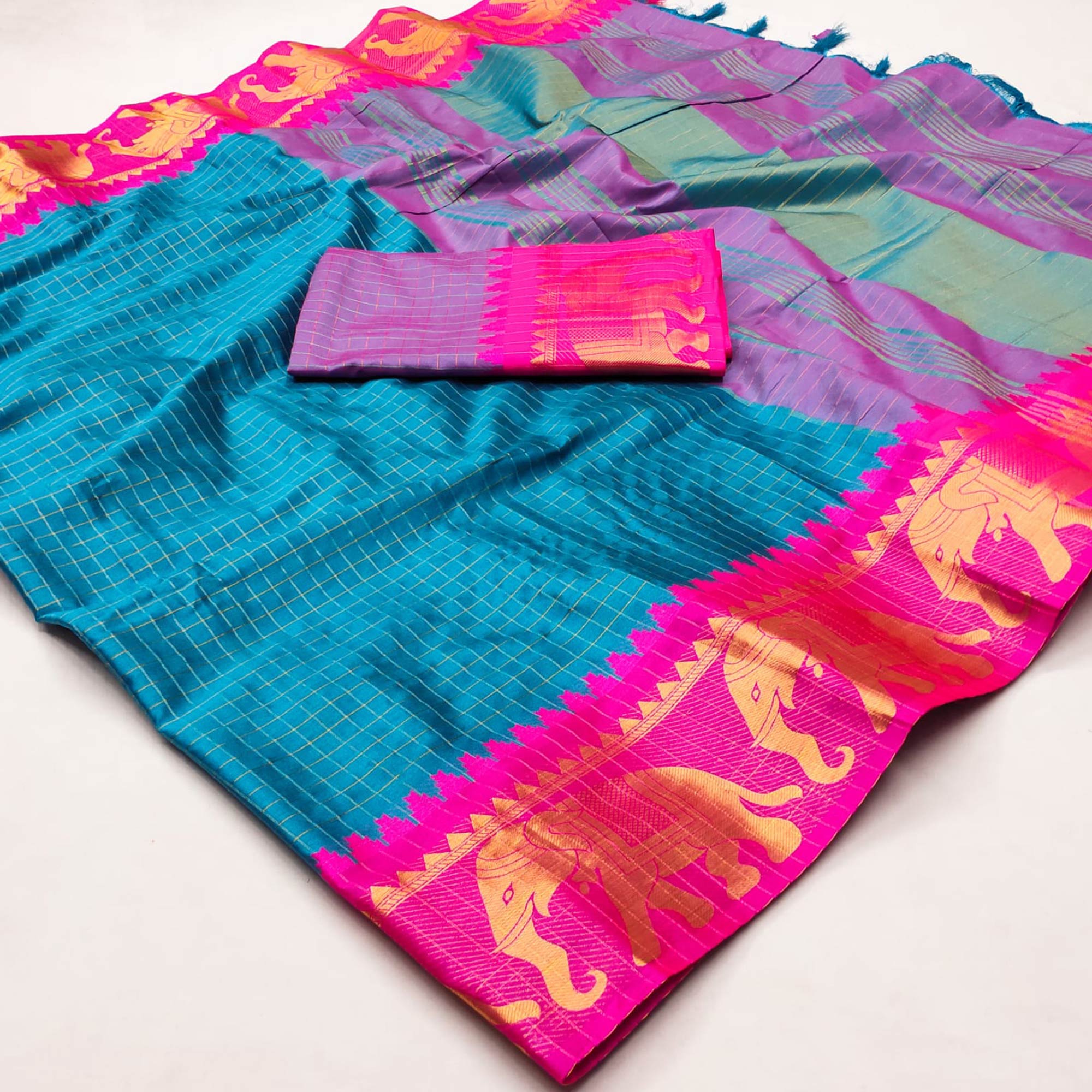 Blue & Pink Woven Cotton Silk Saree With Tassels