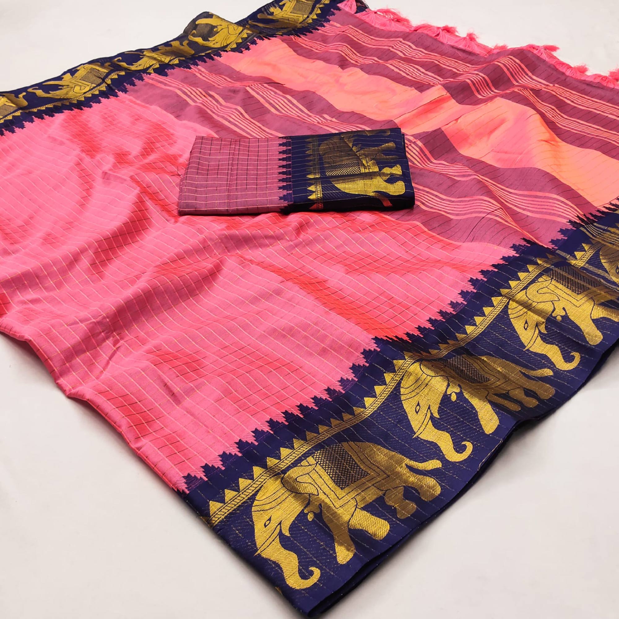 Gajari Pink & Navy Blue Woven Cotton Silk Saree With Tassels