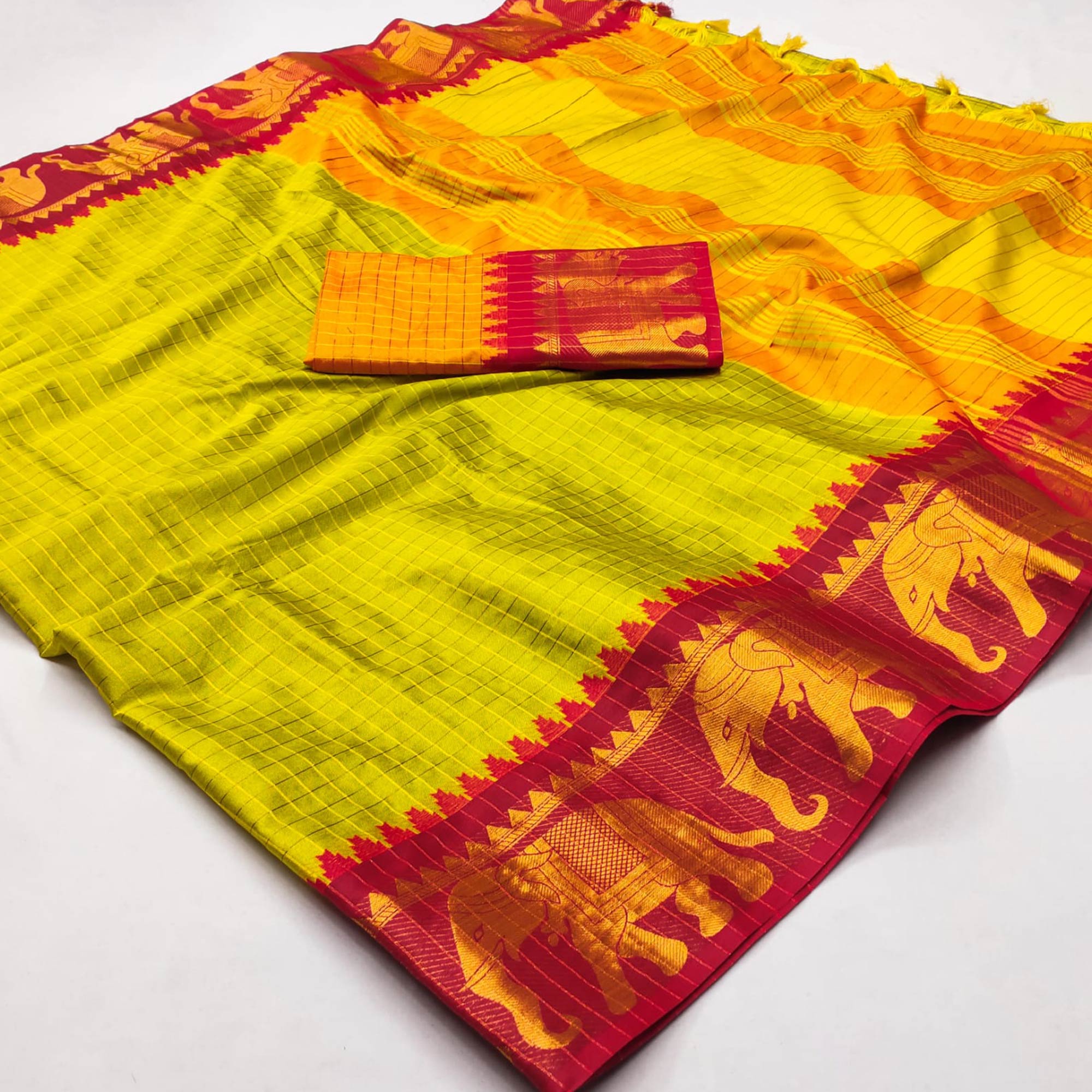 Lemon Yellow & Red Woven Cotton Silk Saree With Tassels