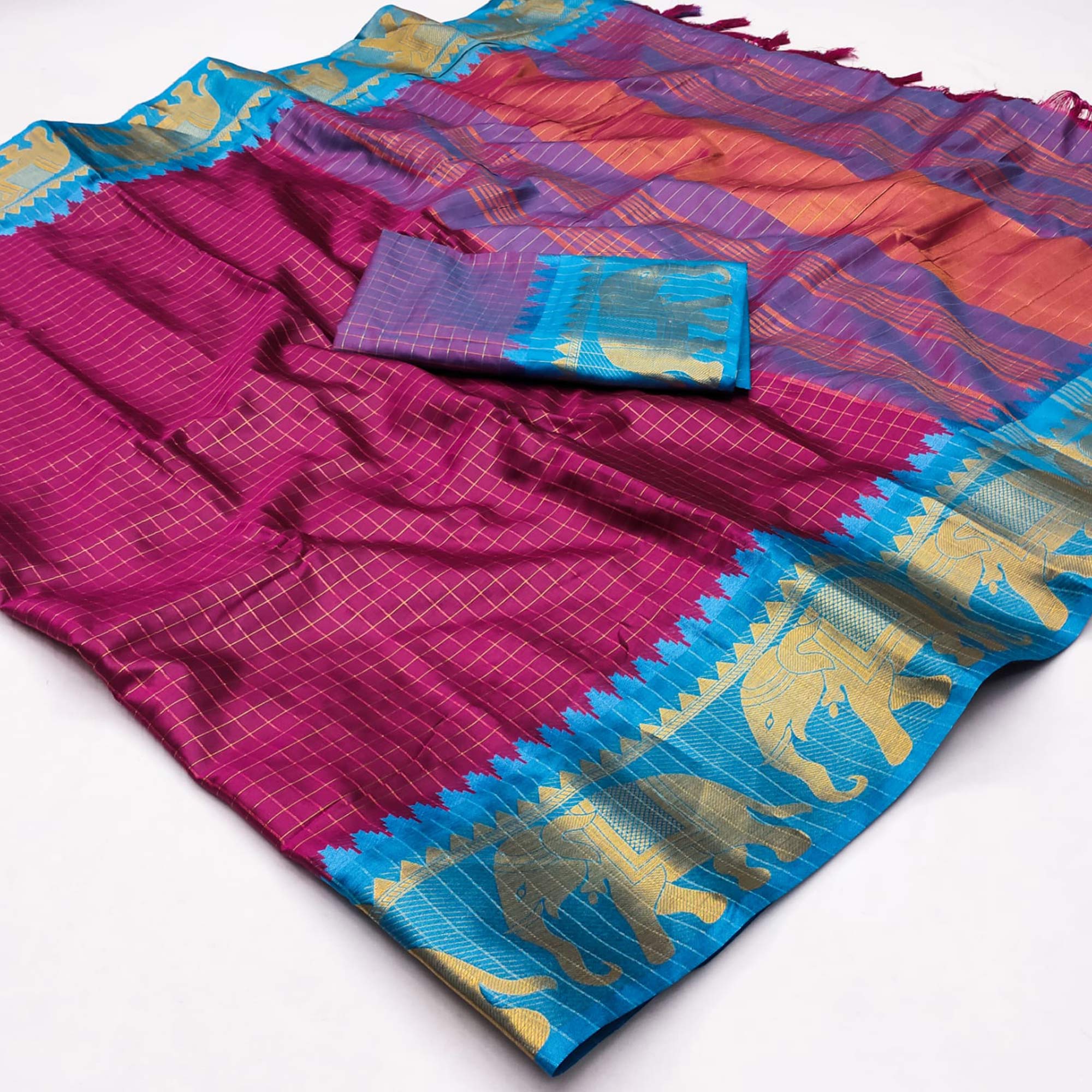 Magenta & Blue Woven Cotton Silk Saree With Tassels