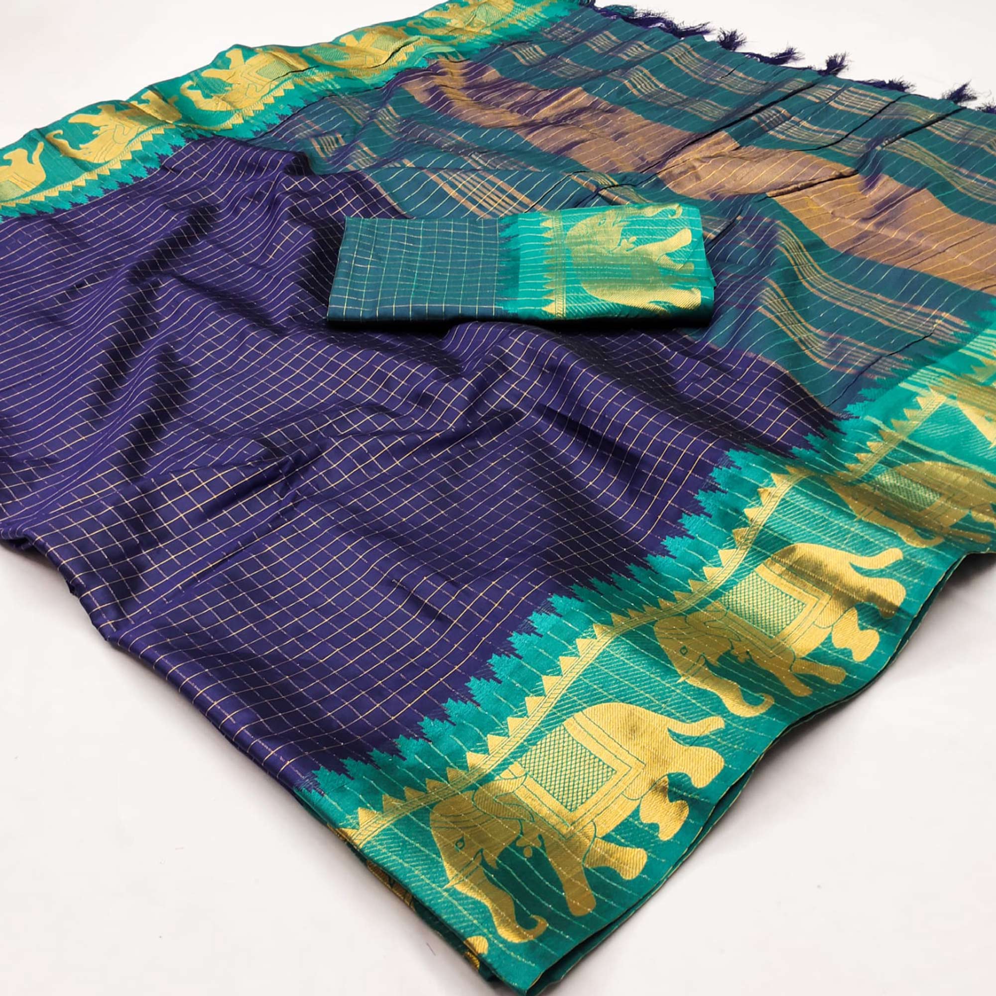 Navy Blue & Ram Green Woven Cotton Silk Saree With Tassels