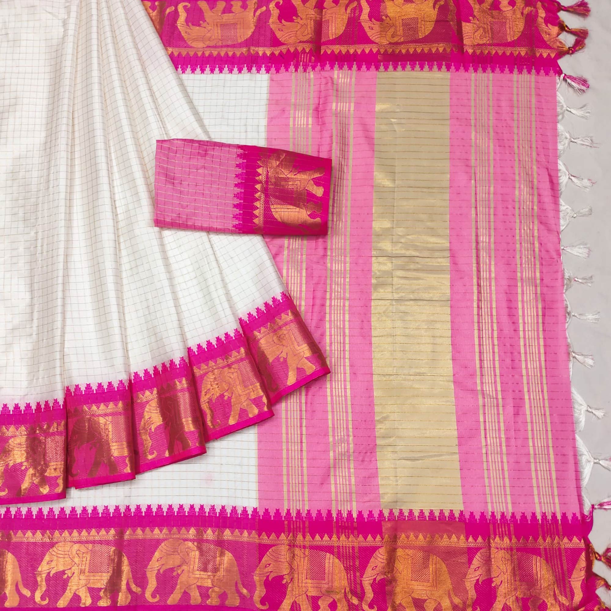 White & Rani Pink Woven Cotton Silk Saree With Tassels