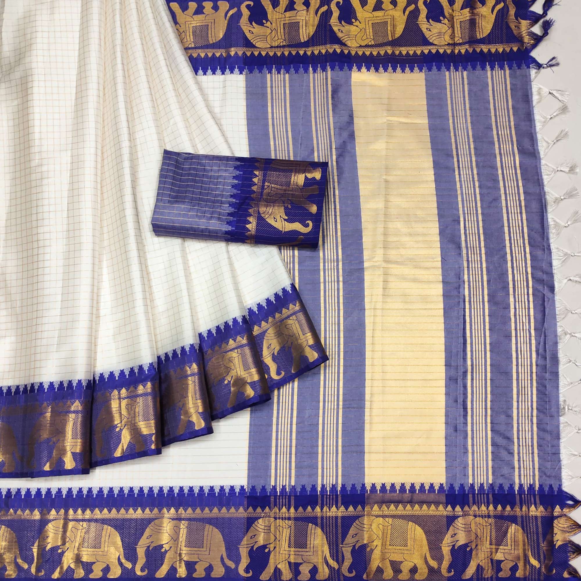 White & Rama Blue Woven Cotton Silk Saree With Tassels