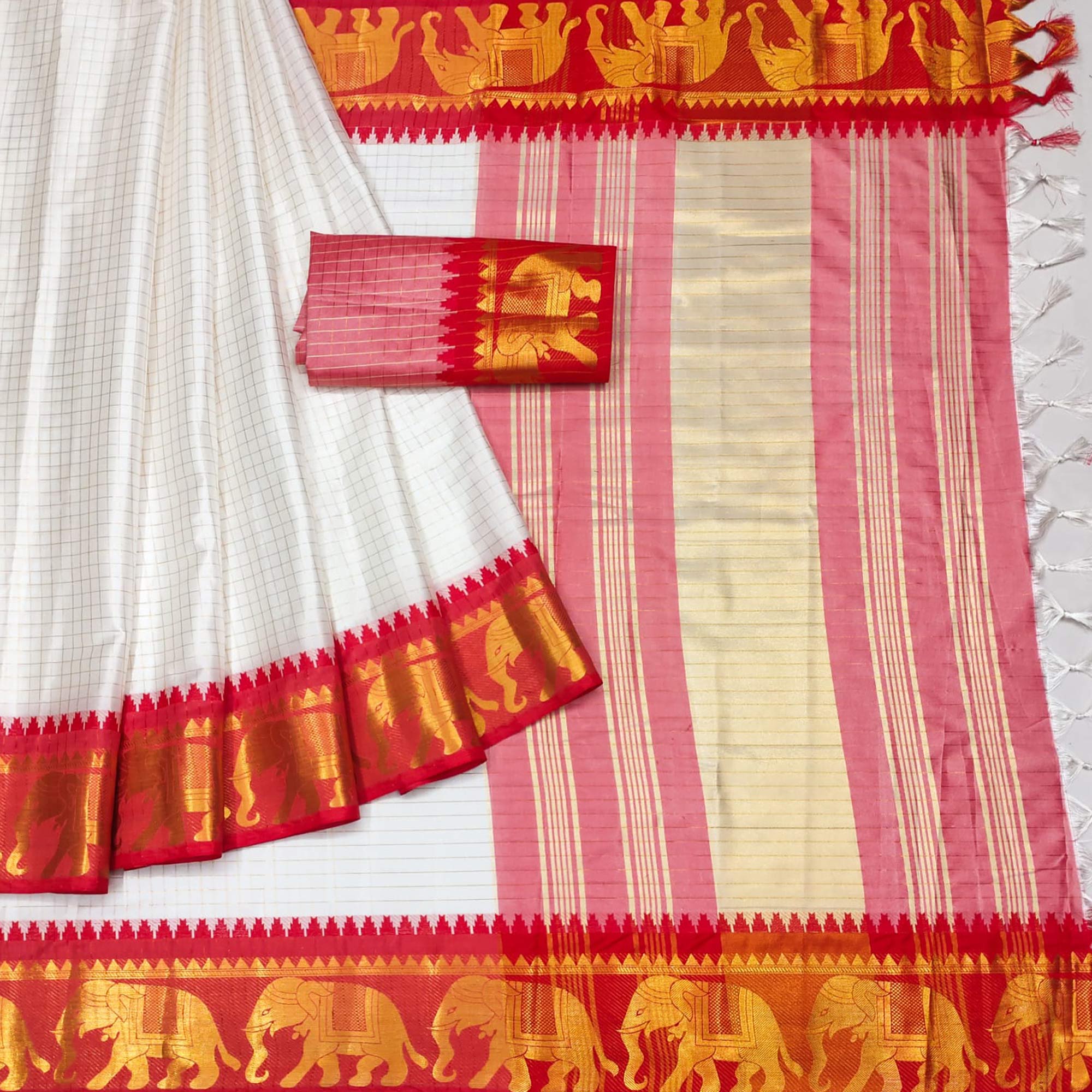 White & Red Woven Cotton Silk Saree With Tassels