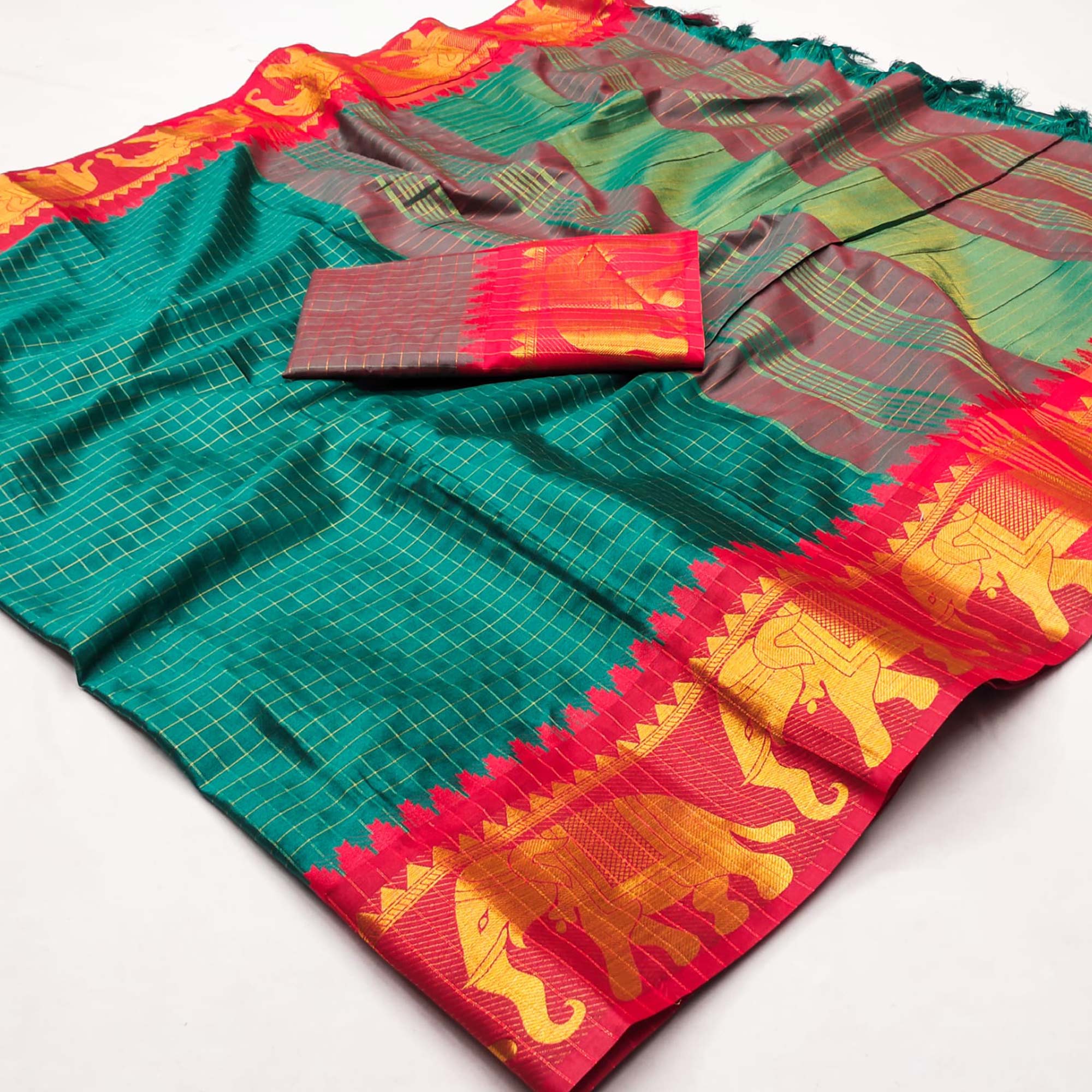 Teal & Red Woven Cotton Silk Saree With Tassels