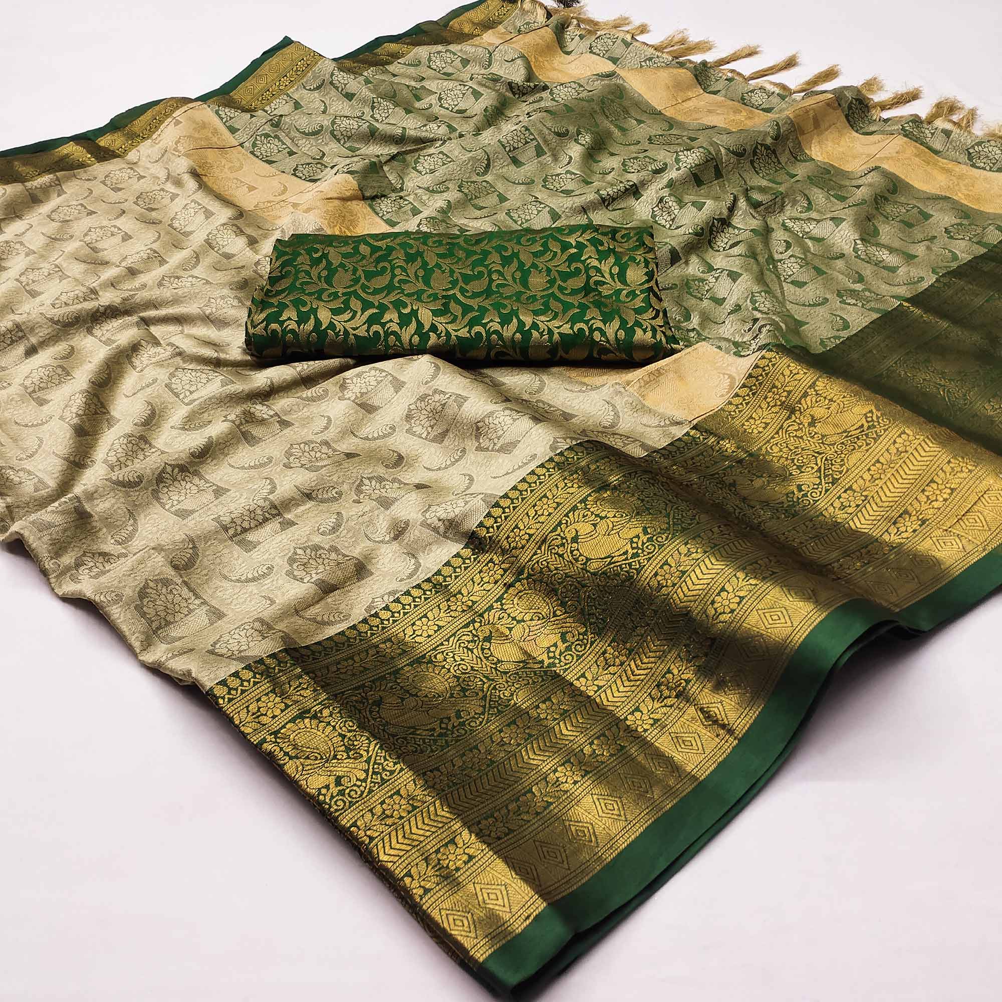 Chikoo Woven Cotton Silk Saree With Tassels