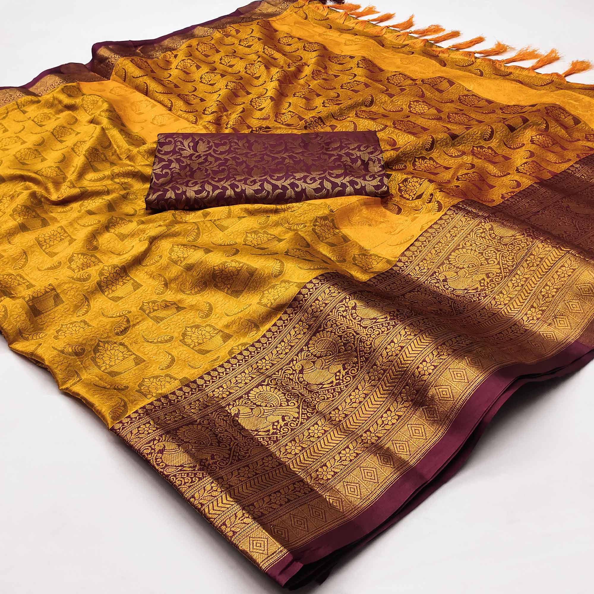 Mustard Woven Cotton Silk Saree With Tassels