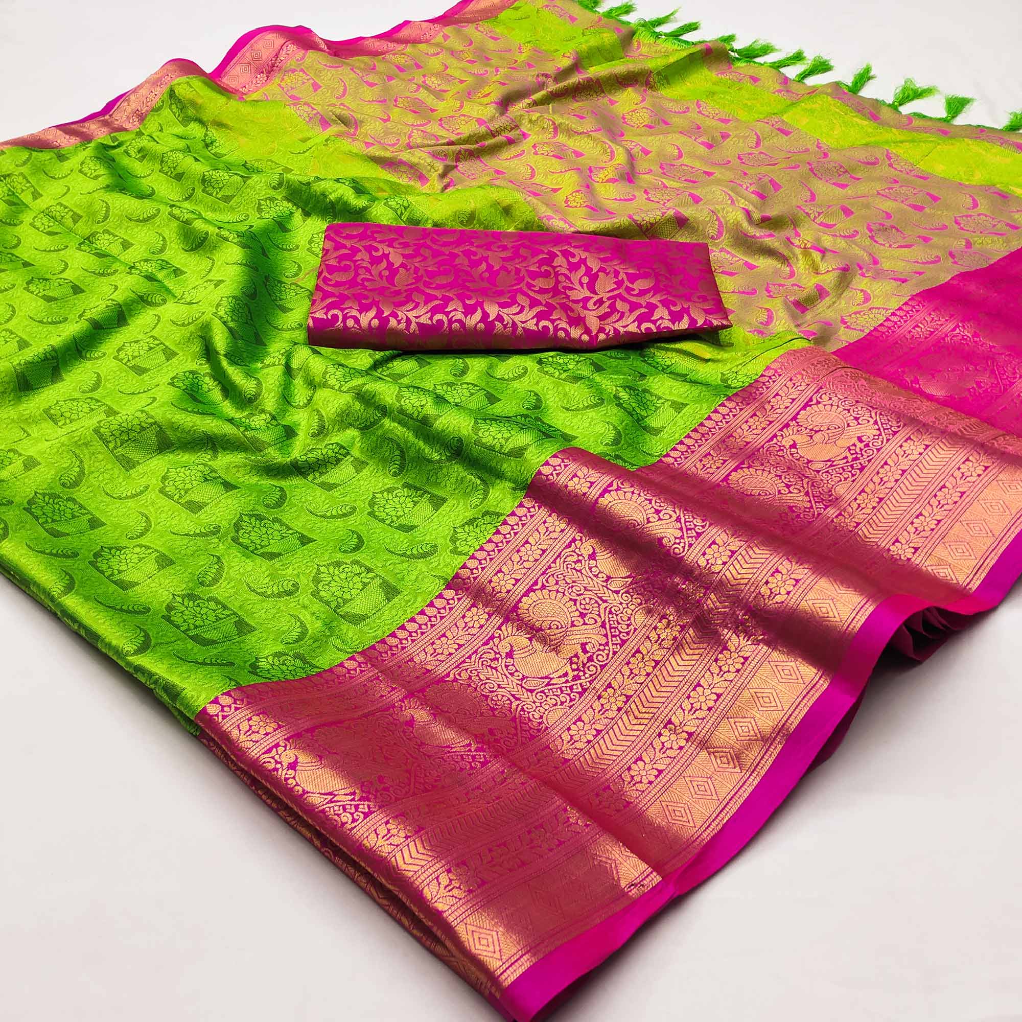 Parrot Green Woven Cotton Silk Saree With Tassels