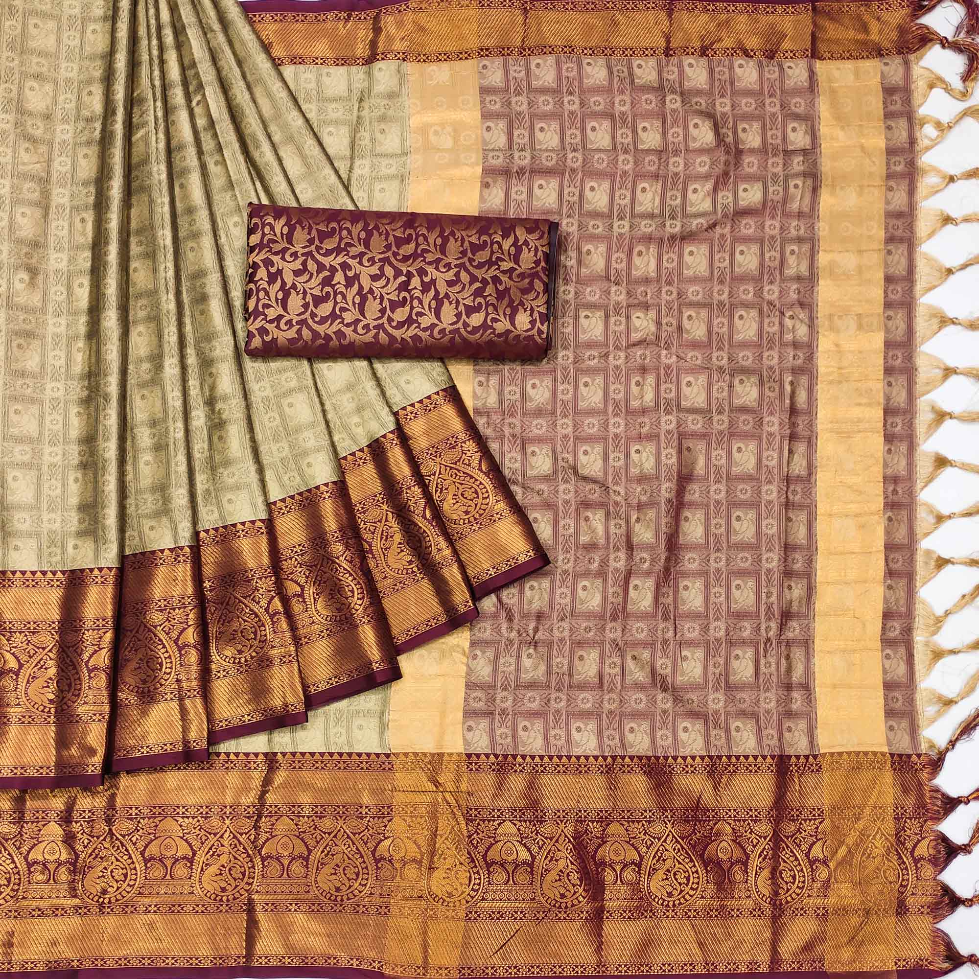 Chikoo Woven Cotton Silk Saree With Tassels