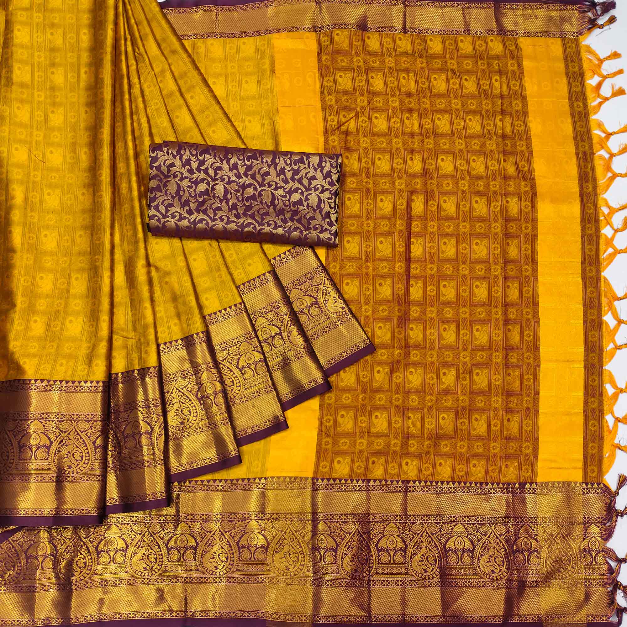 Mustard Woven Cotton Silk Saree With Tassels