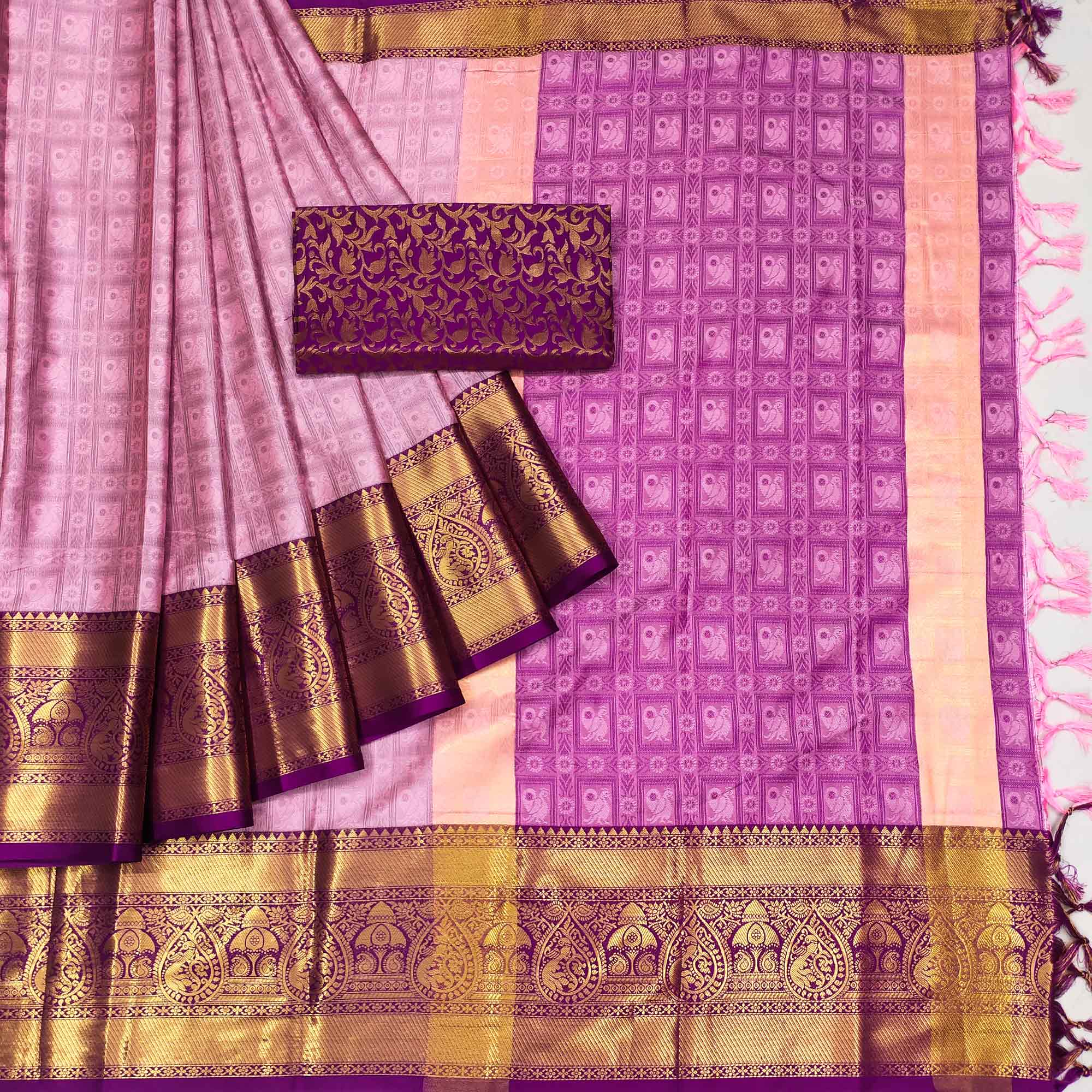 Pink Woven Cotton Silk Saree With Tassels