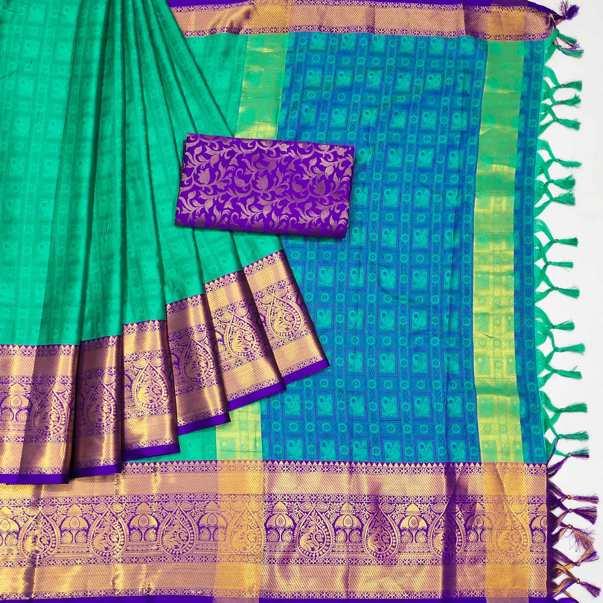 Sea Green Woven Cotton Silk Saree With Tassels