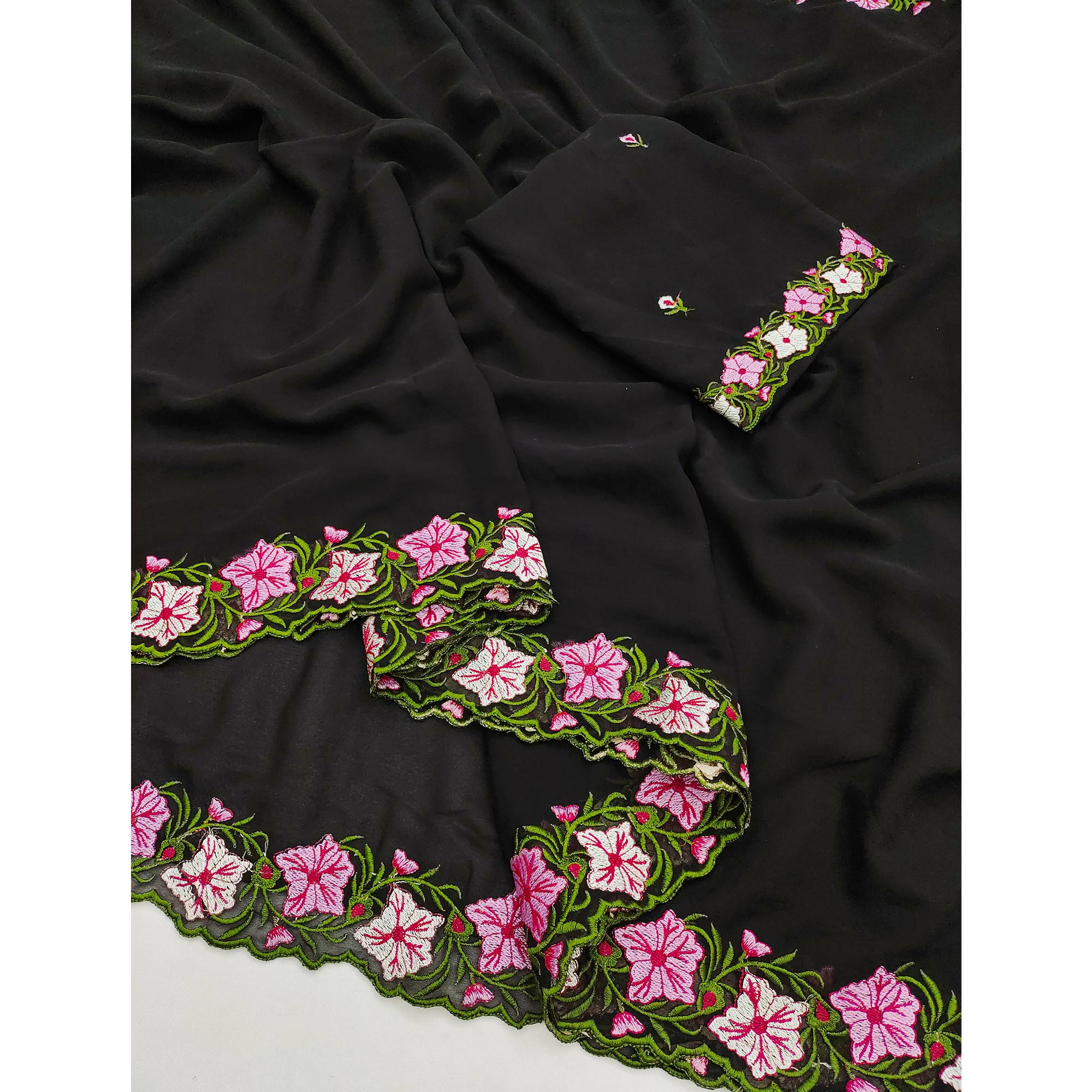 Black Faux Georgette Saree Featuring Minimalist Floral Border Embroidery