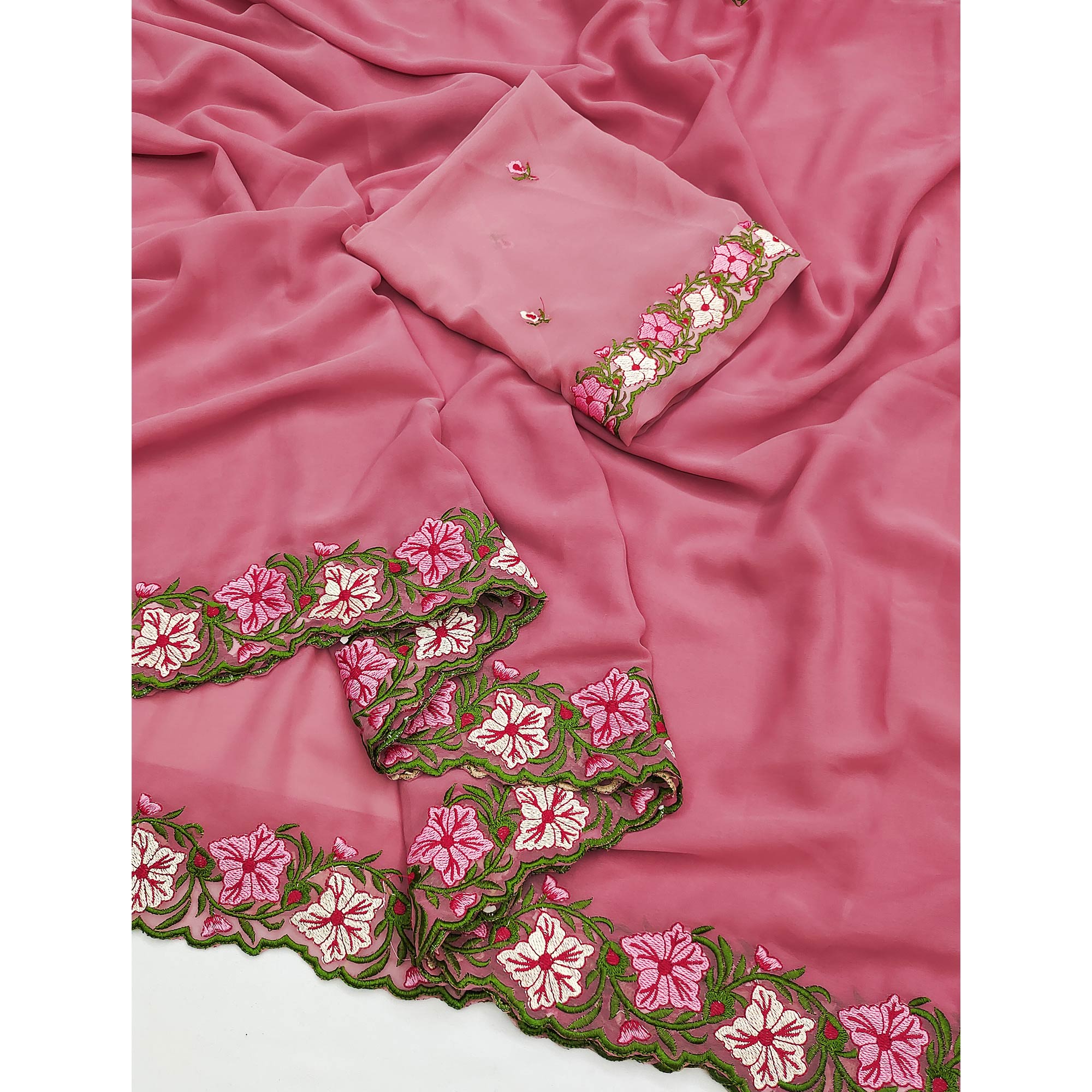 Pink Faux Georgette Saree Featuring Minimalist Floral Border Embroidery