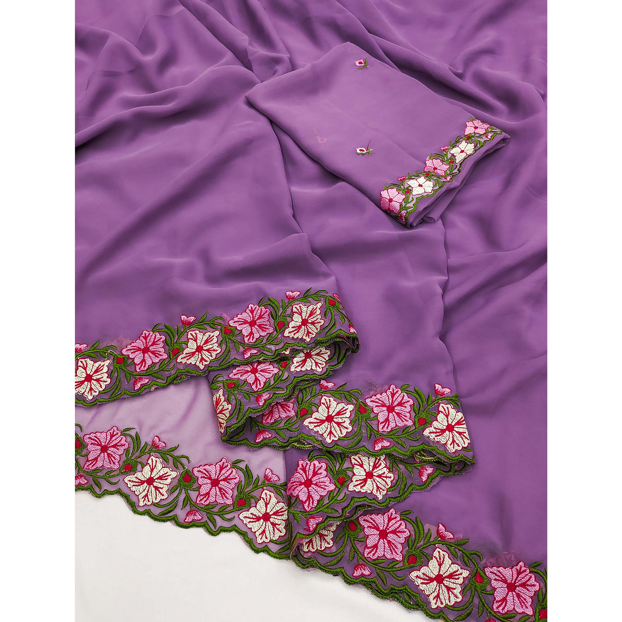 Purple Faux Georgette Saree Featuring Minimalist Floral Border Embroidery