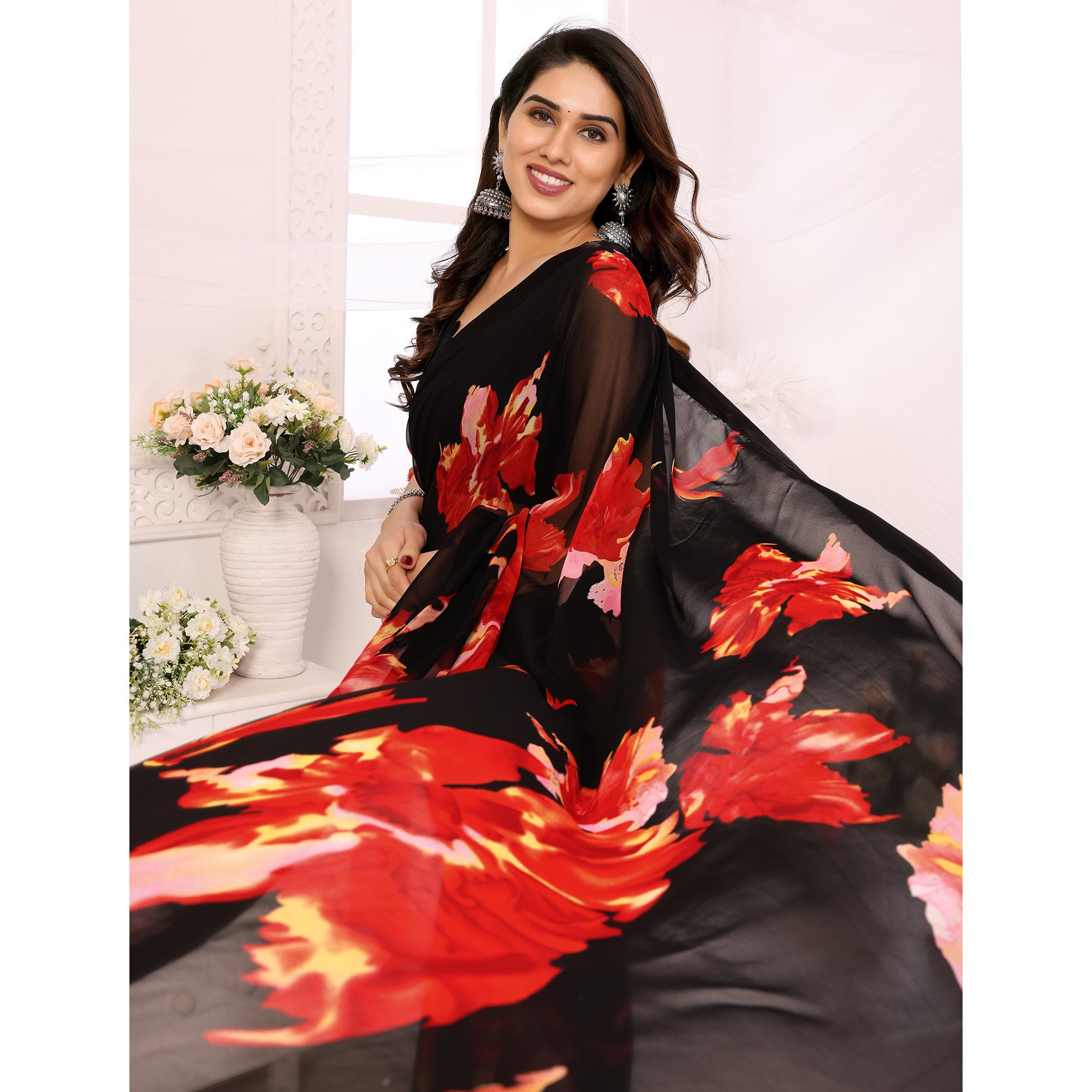 Black Floral Printed Georgette Ready To Wear Saree