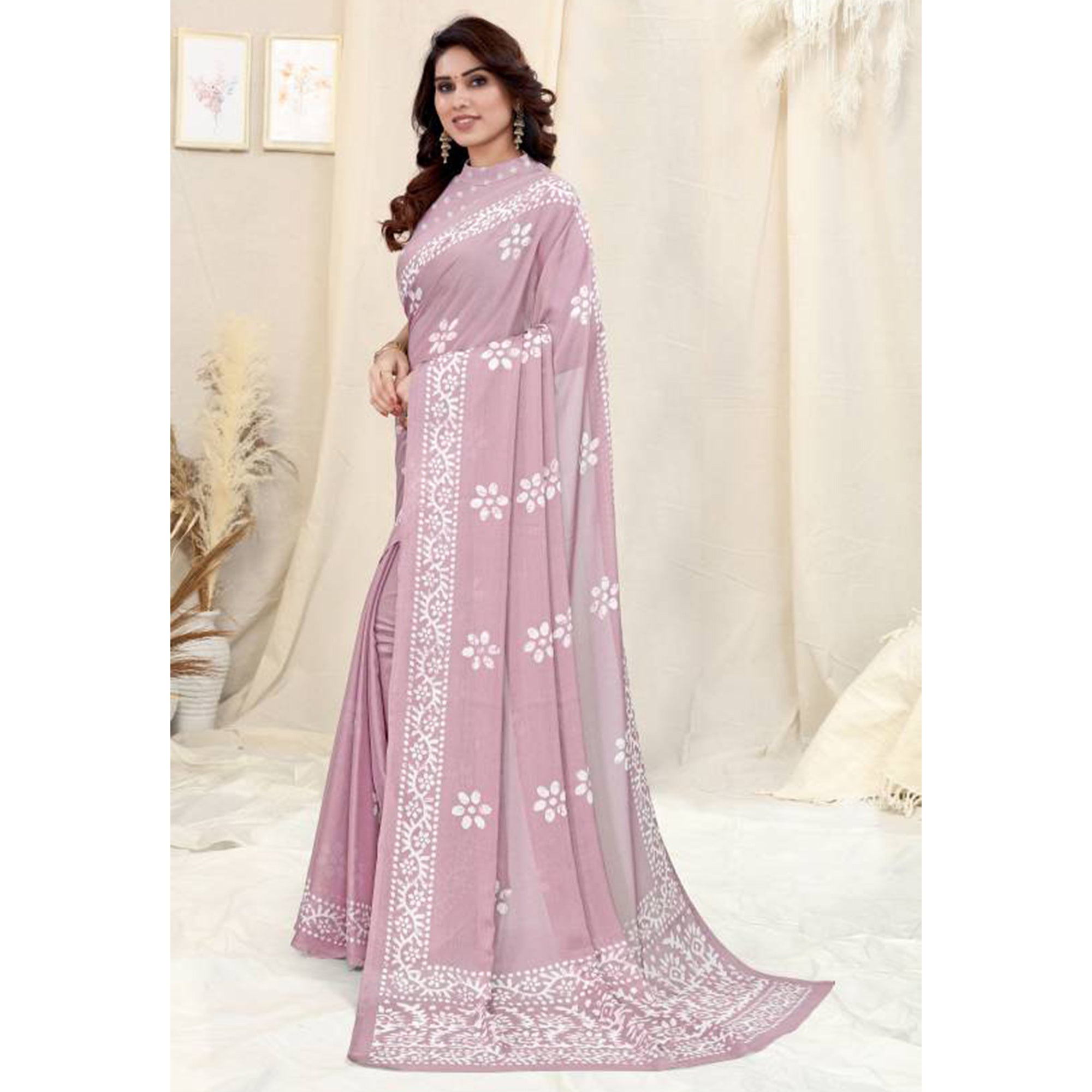 Pastel Pink Floral Printed Chiffon Saree