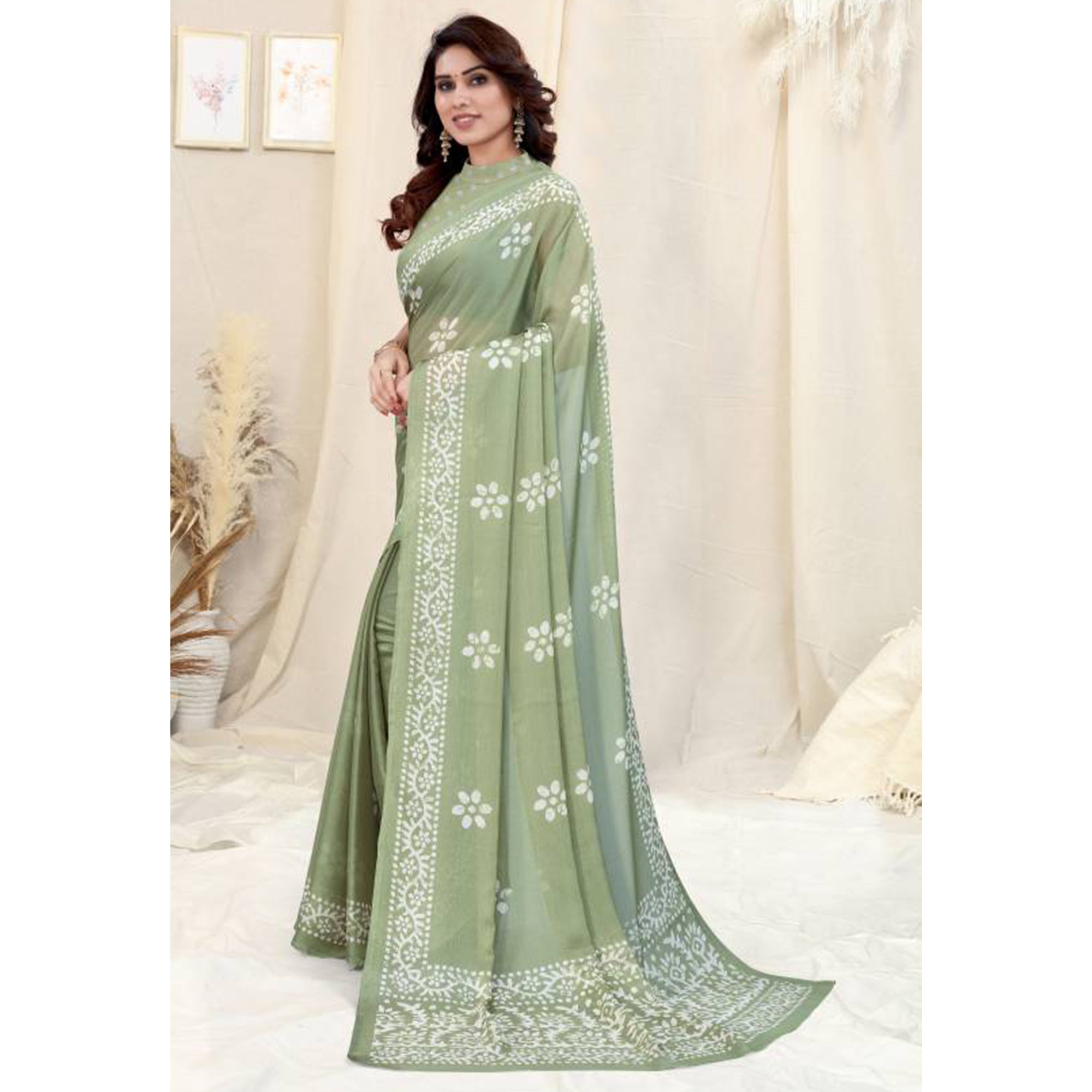 Pista Green Floral Printed Chiffon Saree