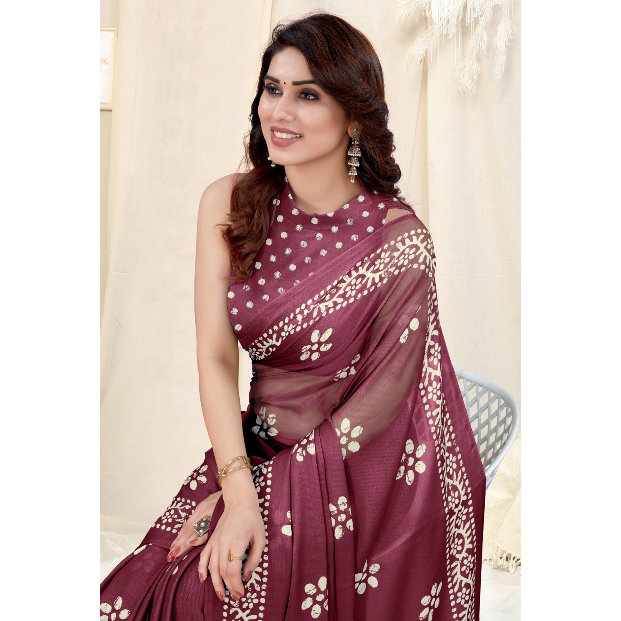 Wine Floral Printed Chiffon Saree