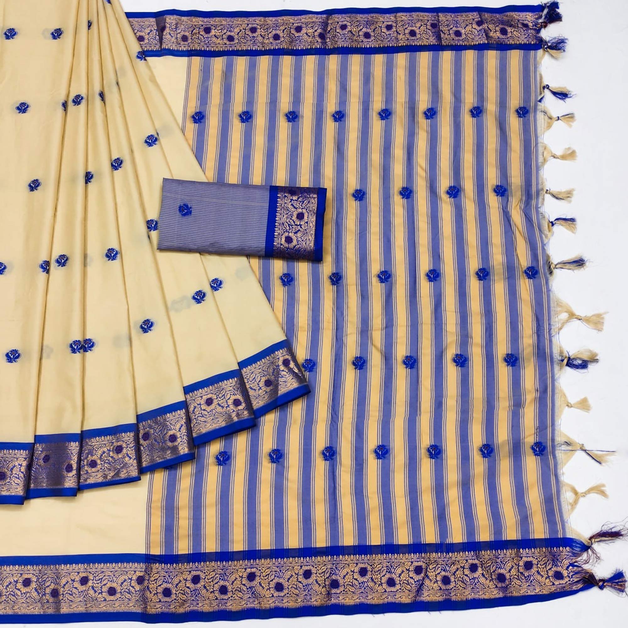 Beige & Blue Woven Cotton Silk Saree With Tassels