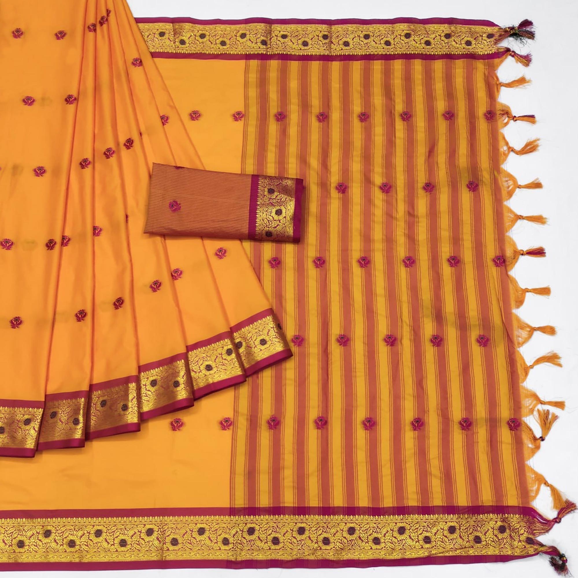 Orange Woven Cotton Silk Saree With Tassels
