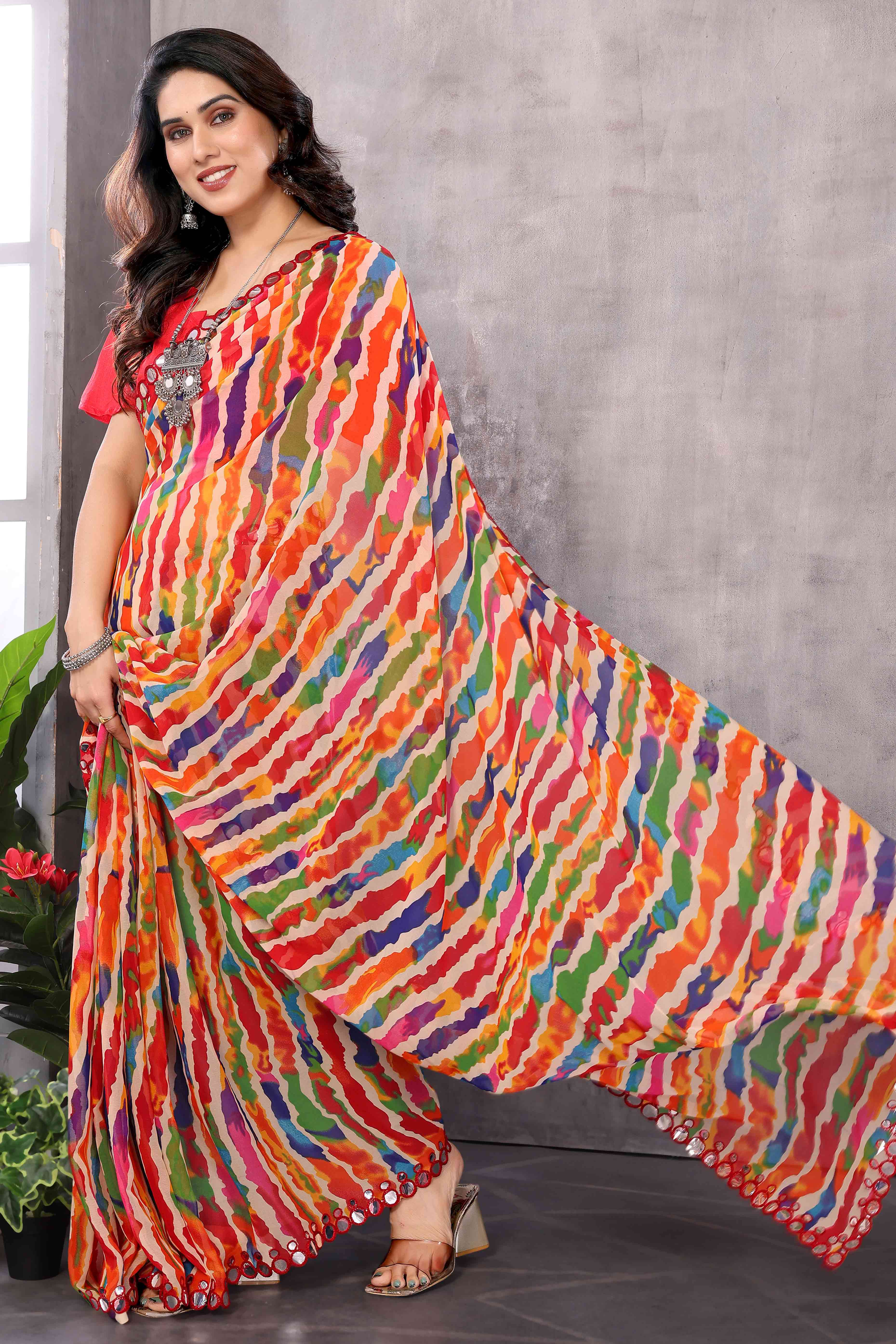 Multicolor Striped Printed Georgette Saree With Embroidered Border