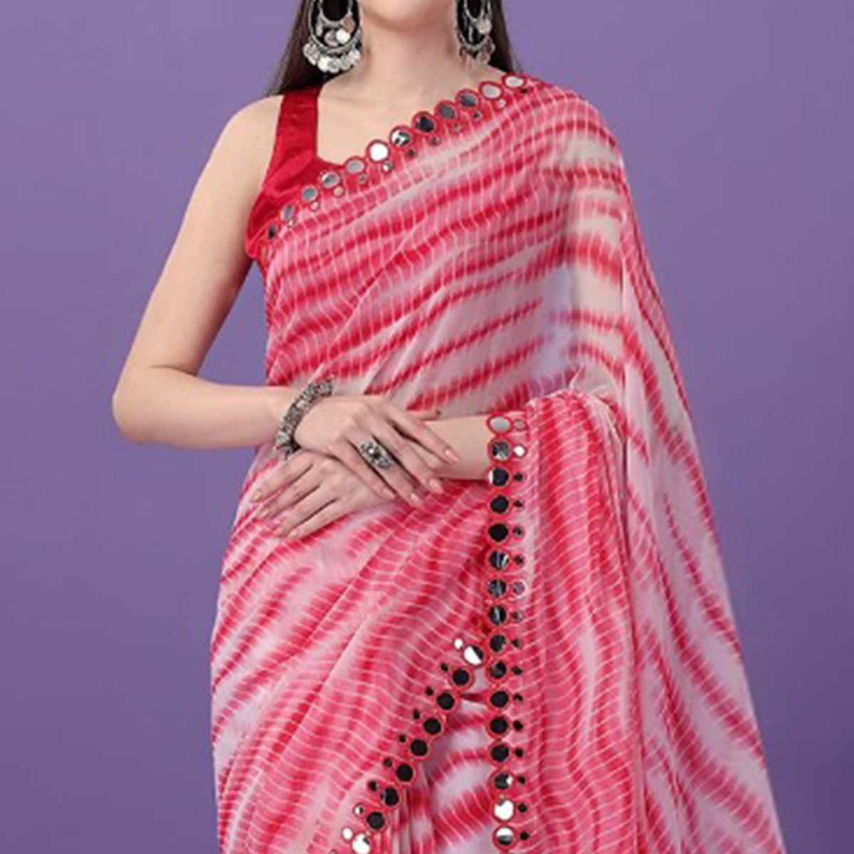 Pink Printed With Embroidered Border Georgette Saree