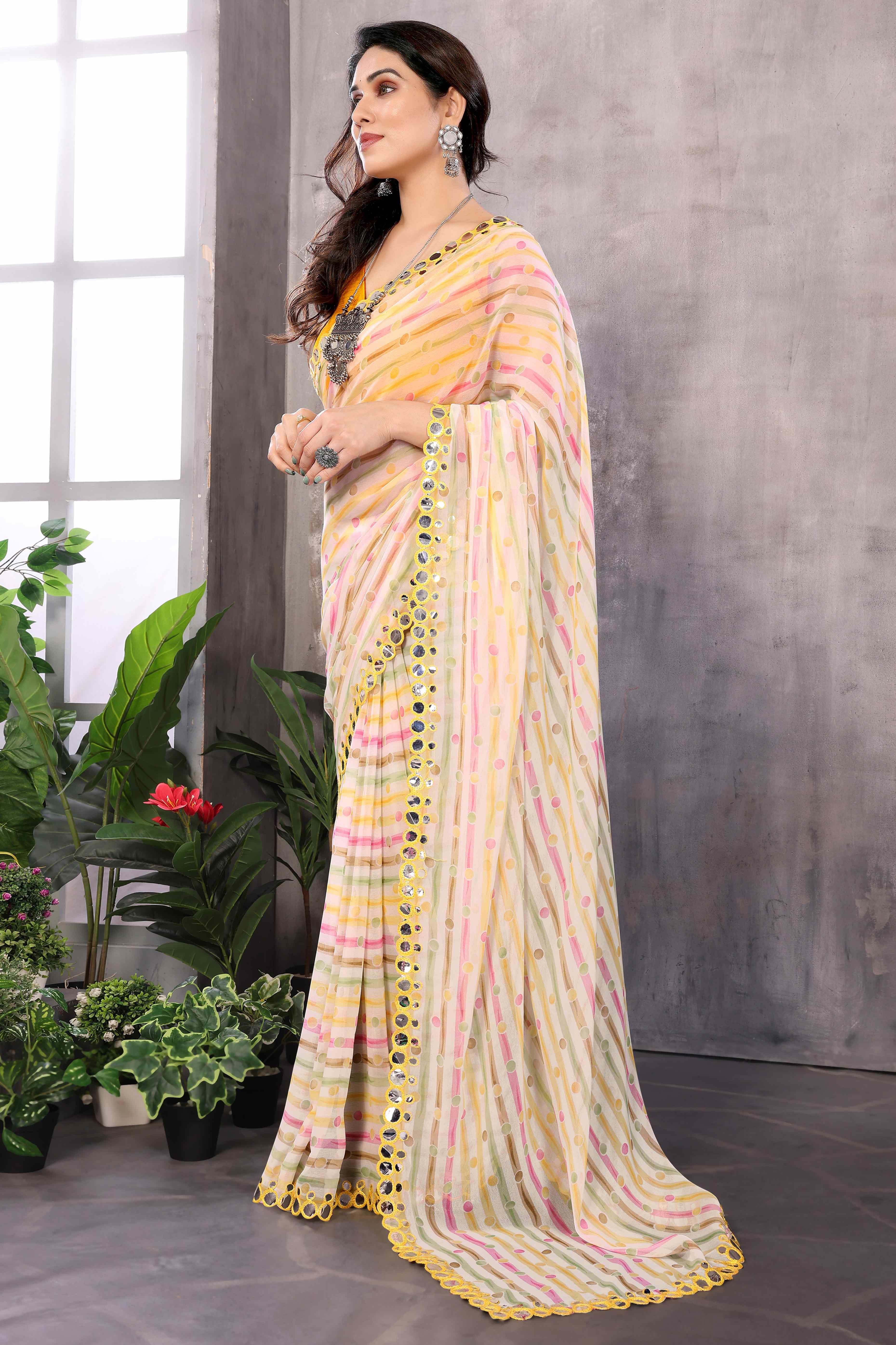 Yellow Striped Printed Georgette Saree With Embroidered Border