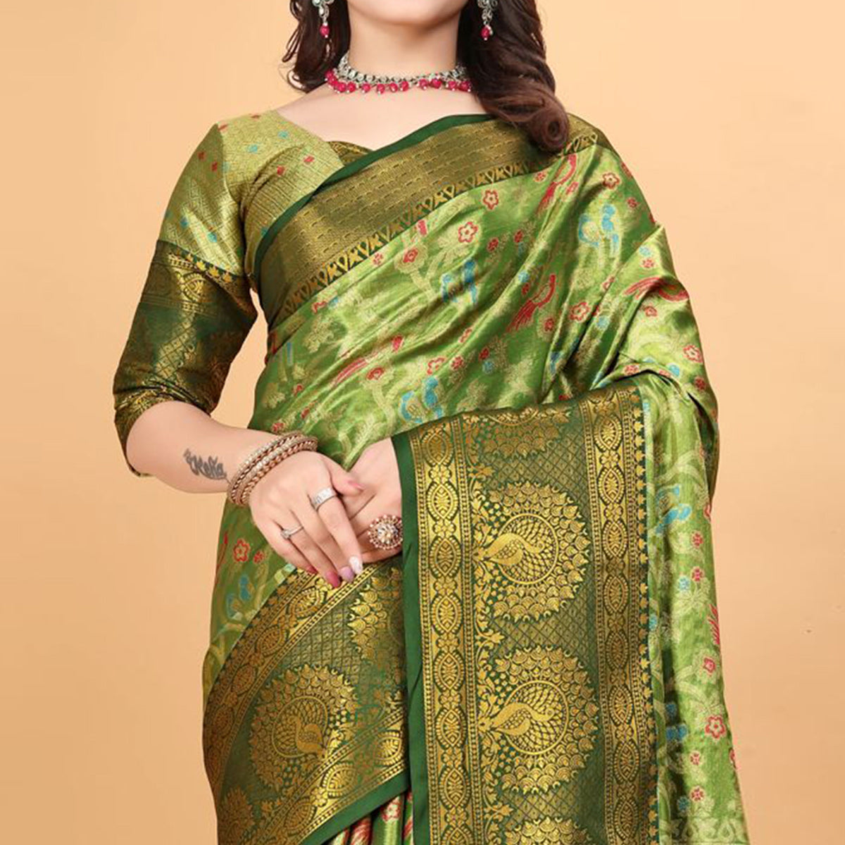 Green Floral Woven Tissue Silk Saree With Tassels