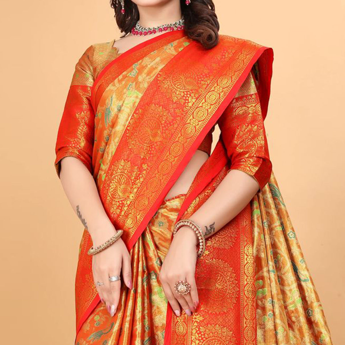 Orange & Red Floral Woven Tissue Silk Saree With Tassels