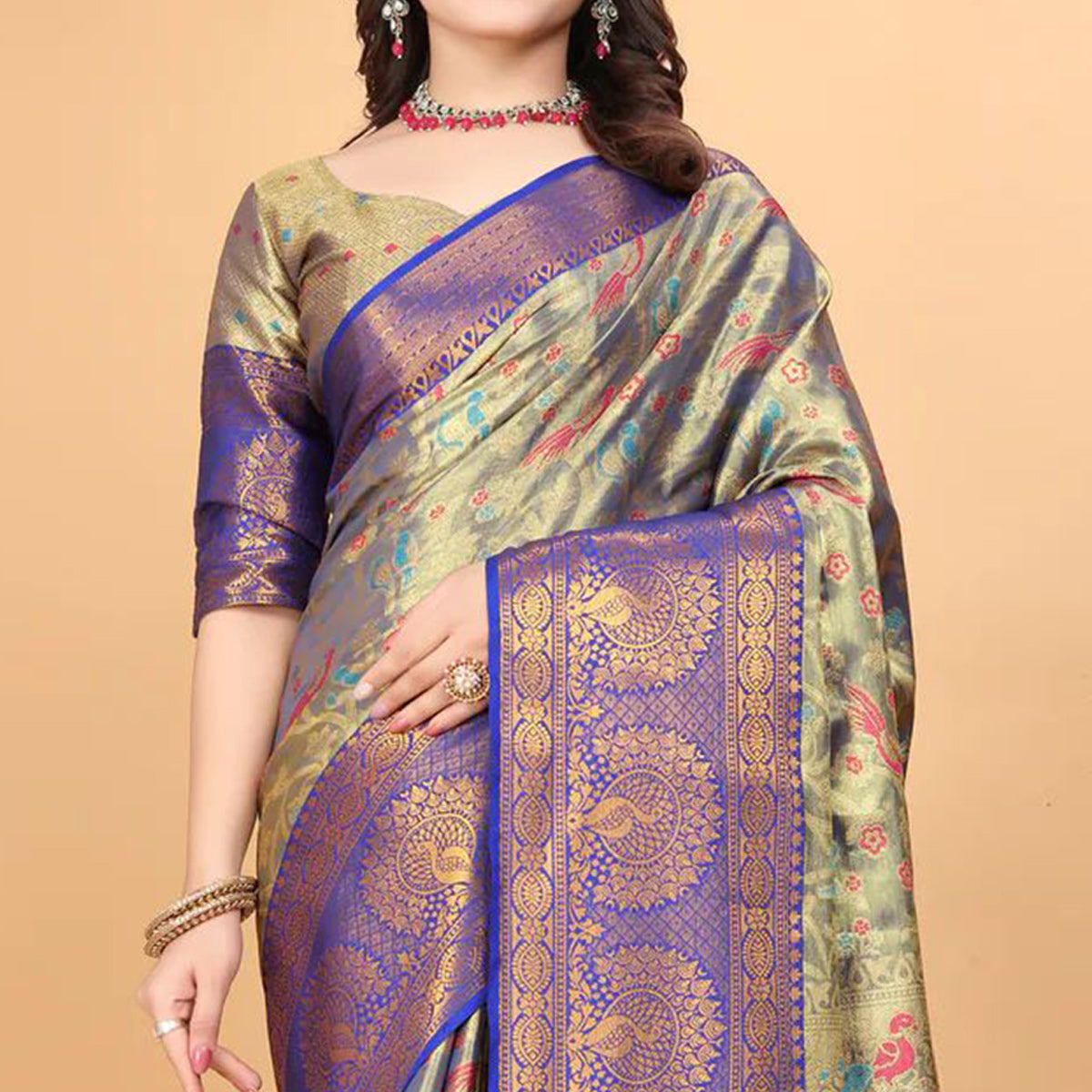 Royal Blue Floral Woven Tissue Silk Saree With Tassels