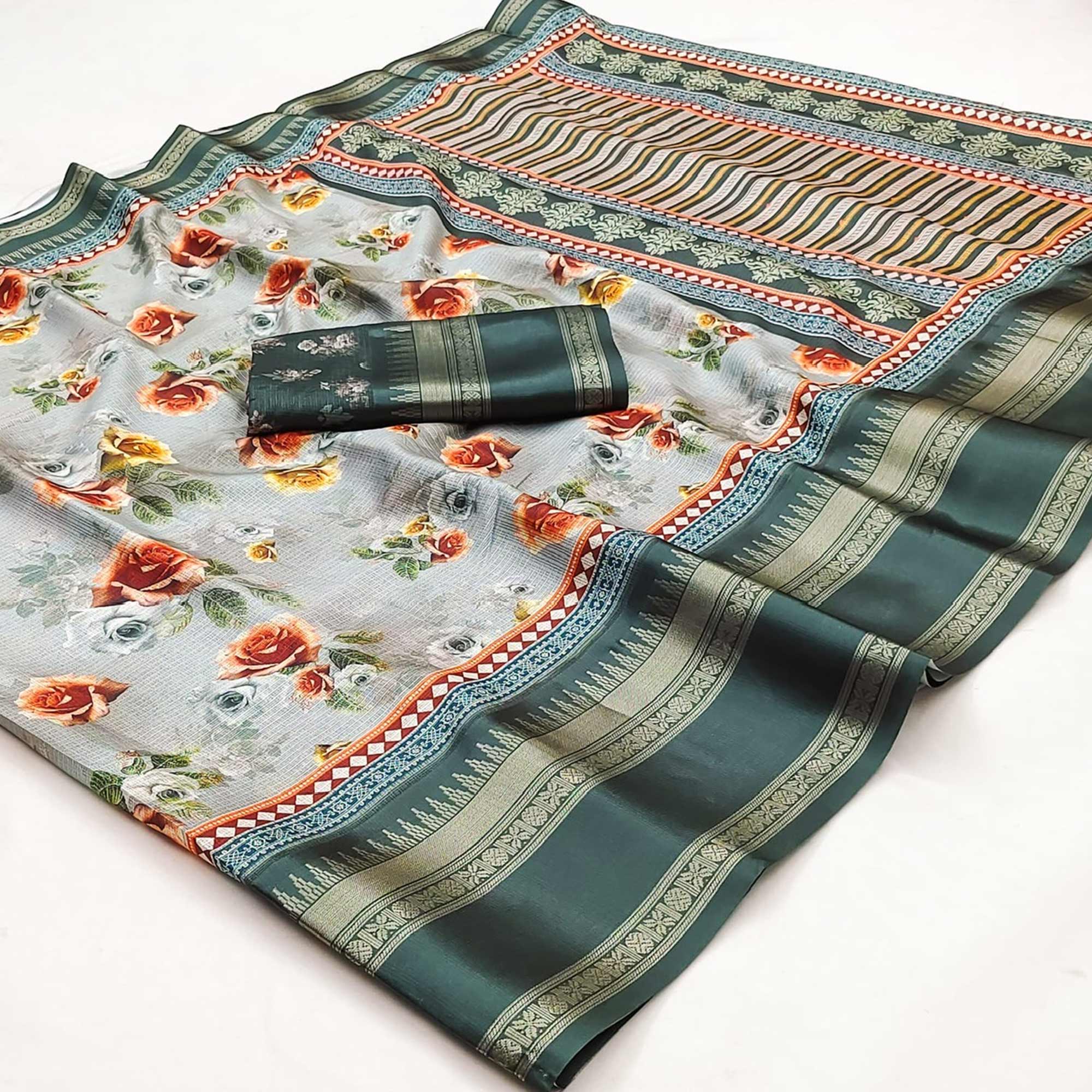 Dark Grey Floral Digital Printed Cotton Silk Saree