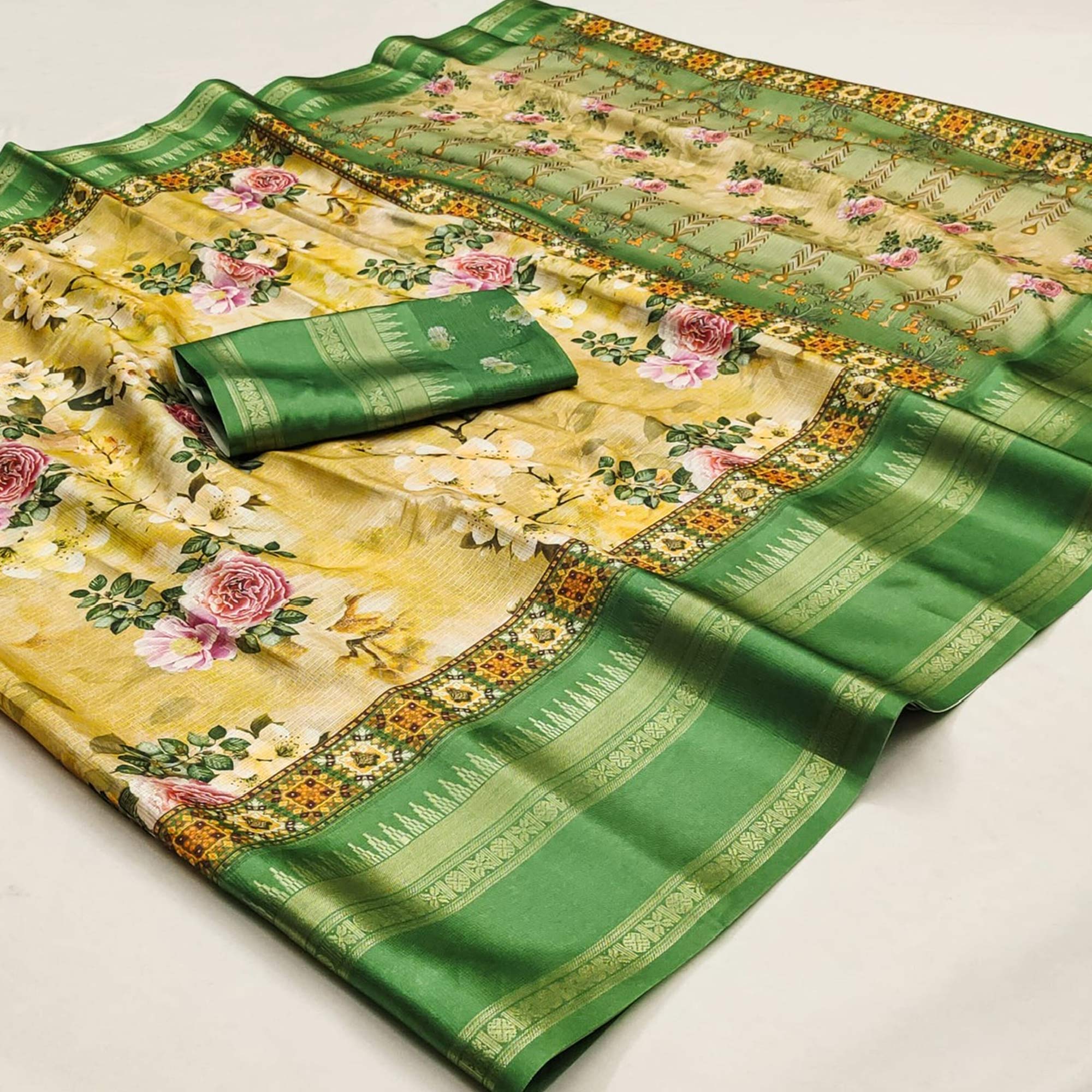 Green Floral Digital Printed Cotton Silk Saree