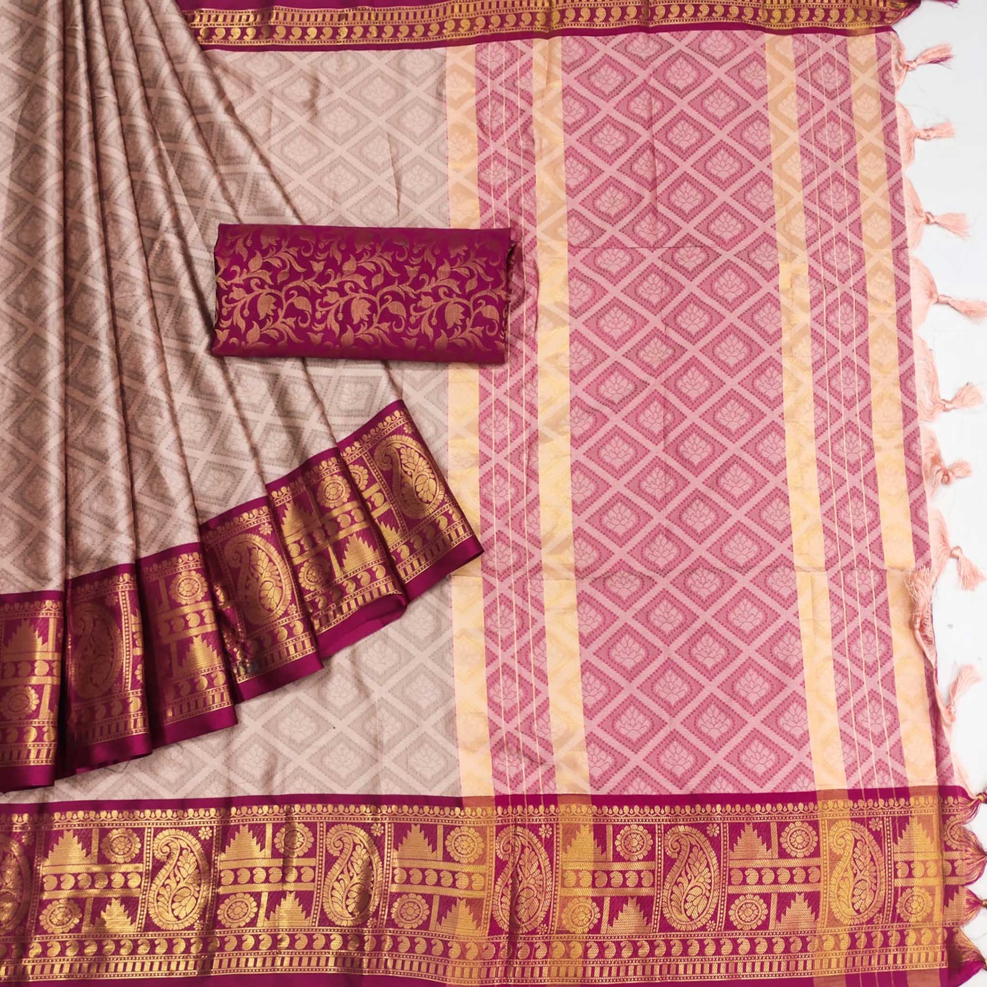 Beige Woven Cotton Silk Saree With Tassels