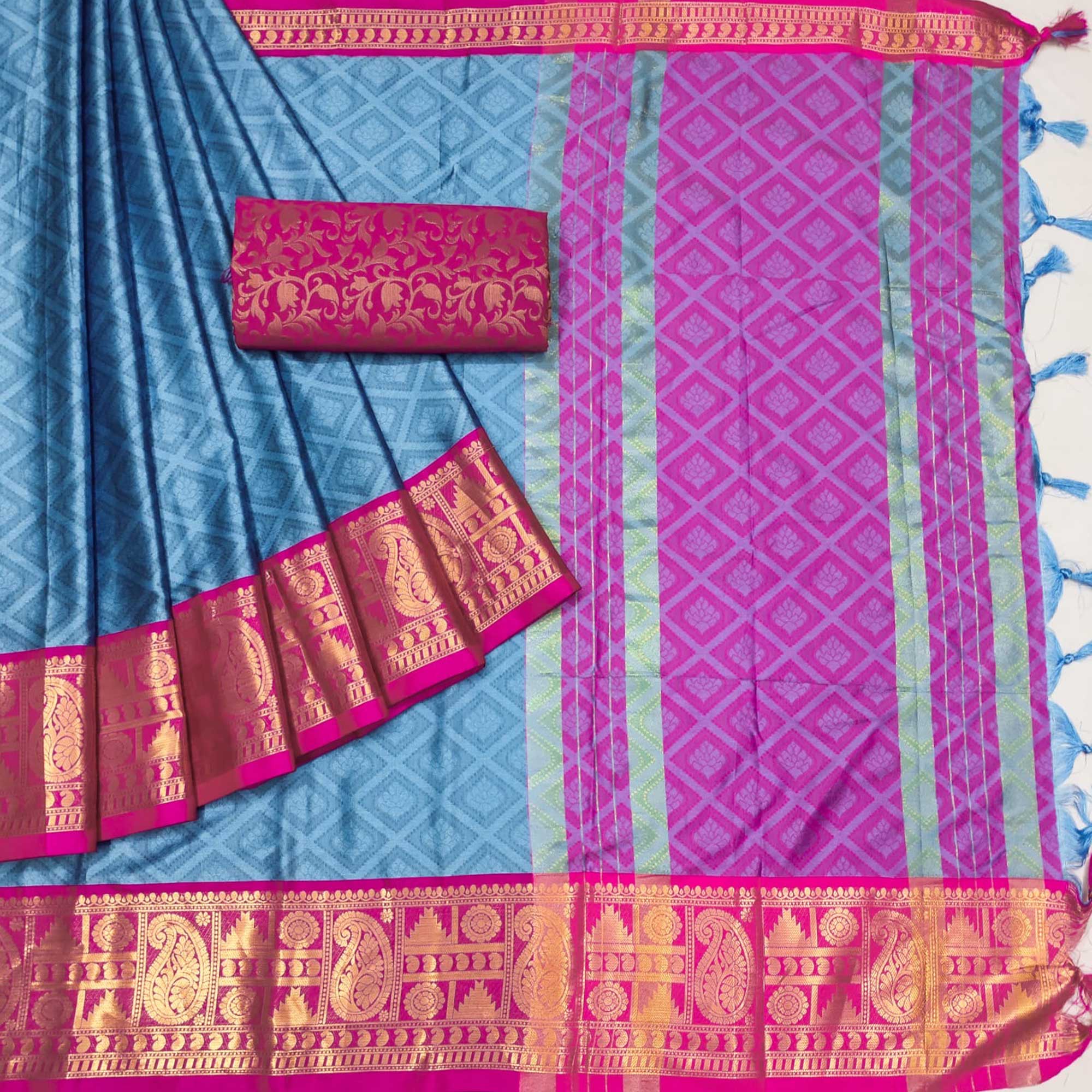 Blue Woven Cotton Silk Saree With Tassels