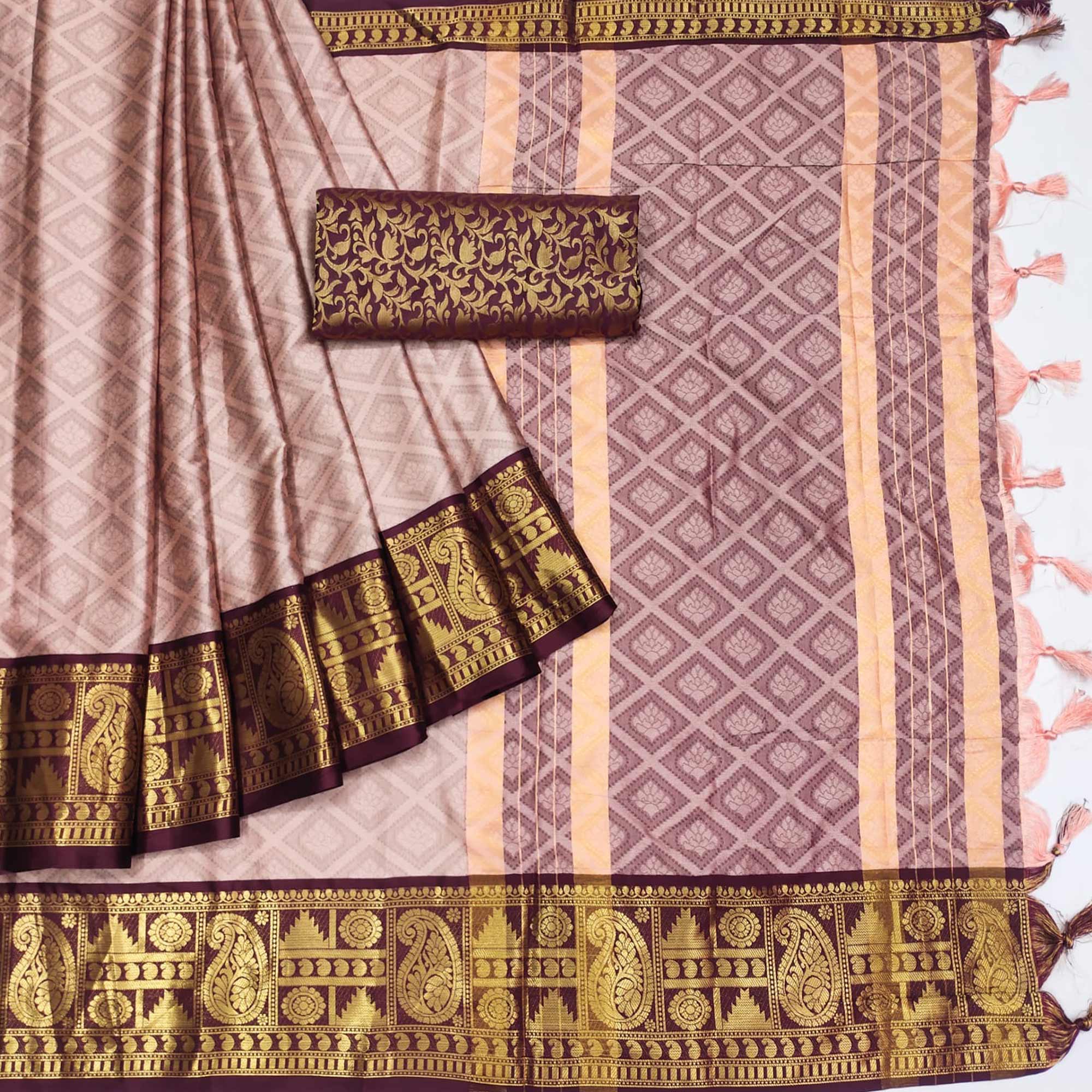 Brown Woven Cotton Silk Saree With Tassels