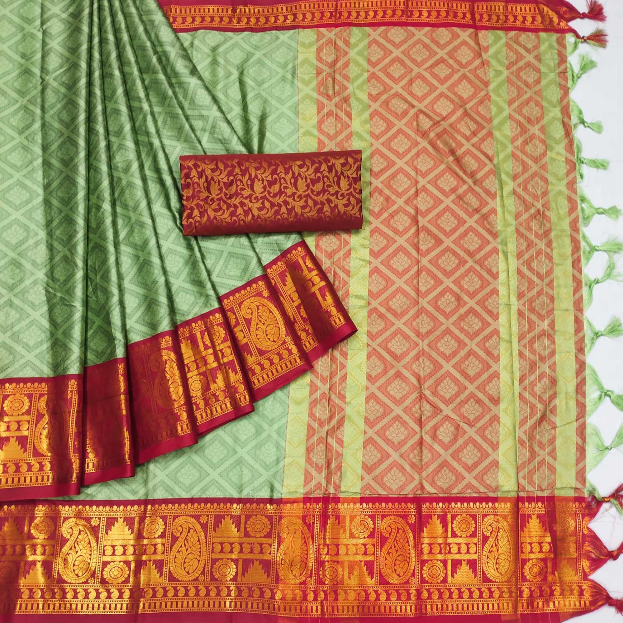 Green Woven Cotton Silk Saree With Tassels