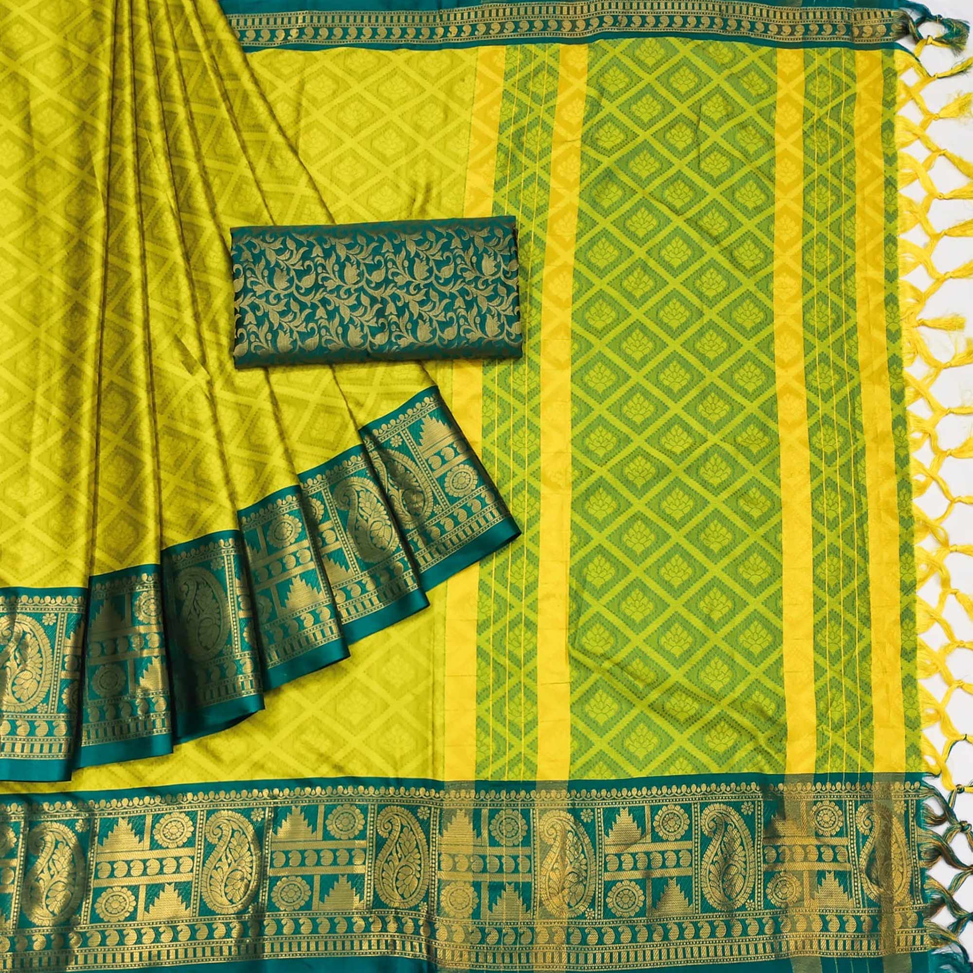 Lemon Yellow Woven Cotton Silk Saree With Tassels