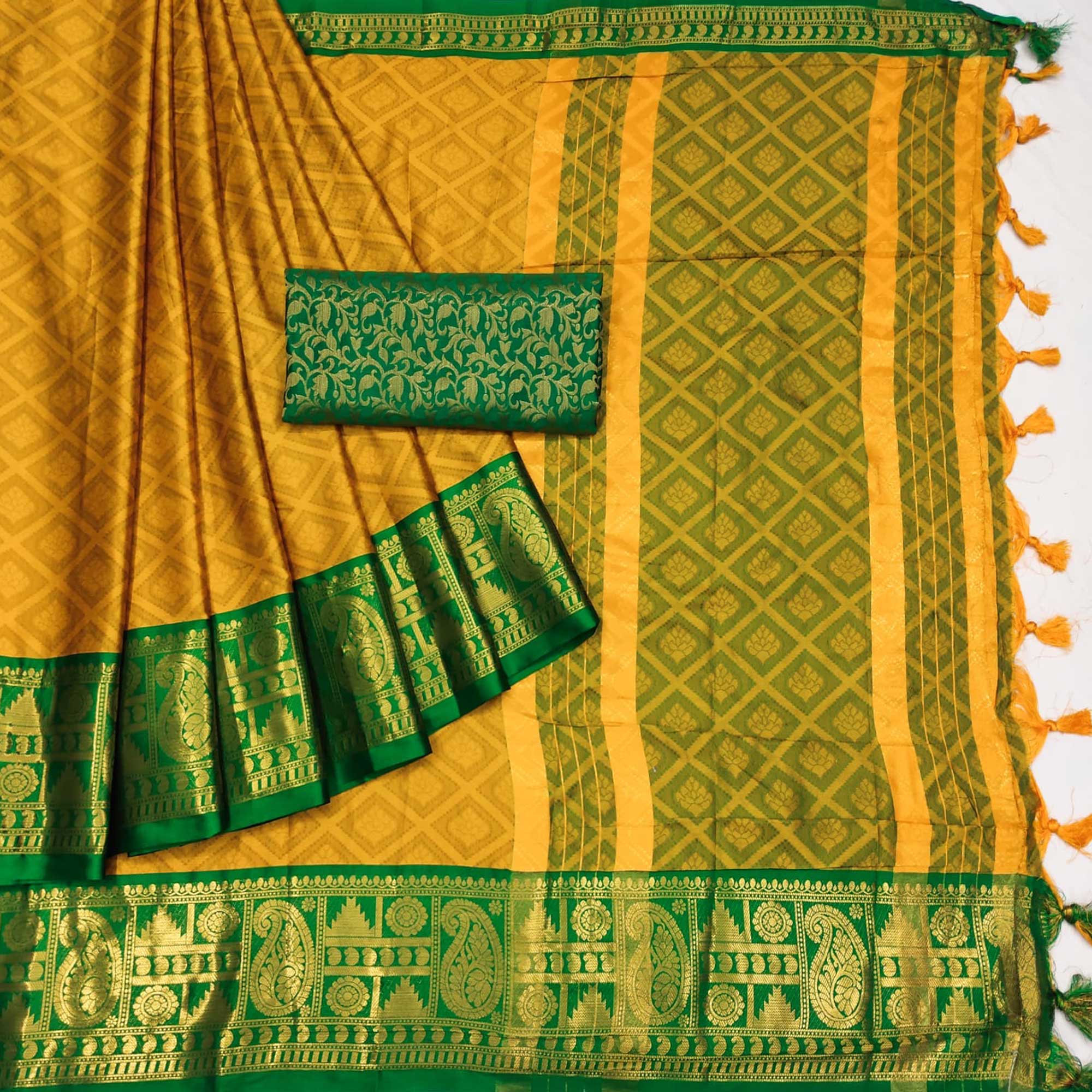 Mustard Woven Cotton Silk Saree With Tassels