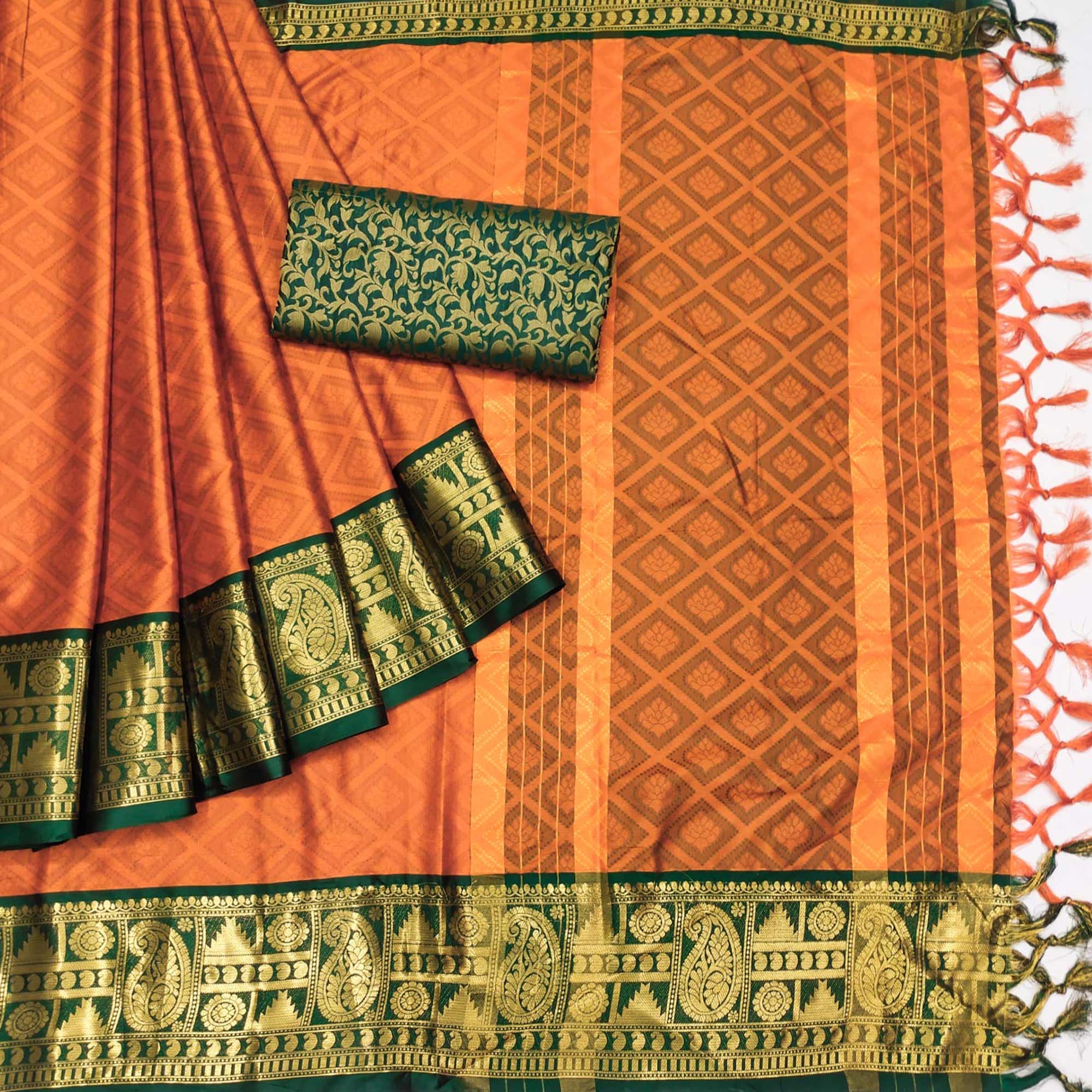 Orange Woven Cotton Silk Saree With Tassels