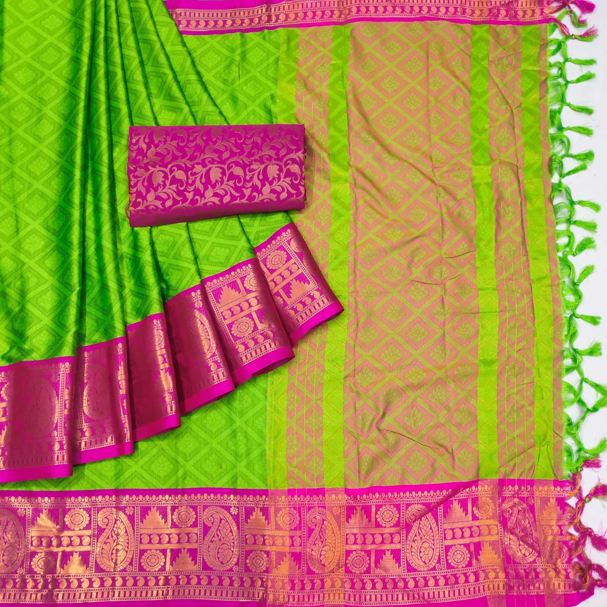 Parrot Green Woven Cotton Silk Saree With Tassels