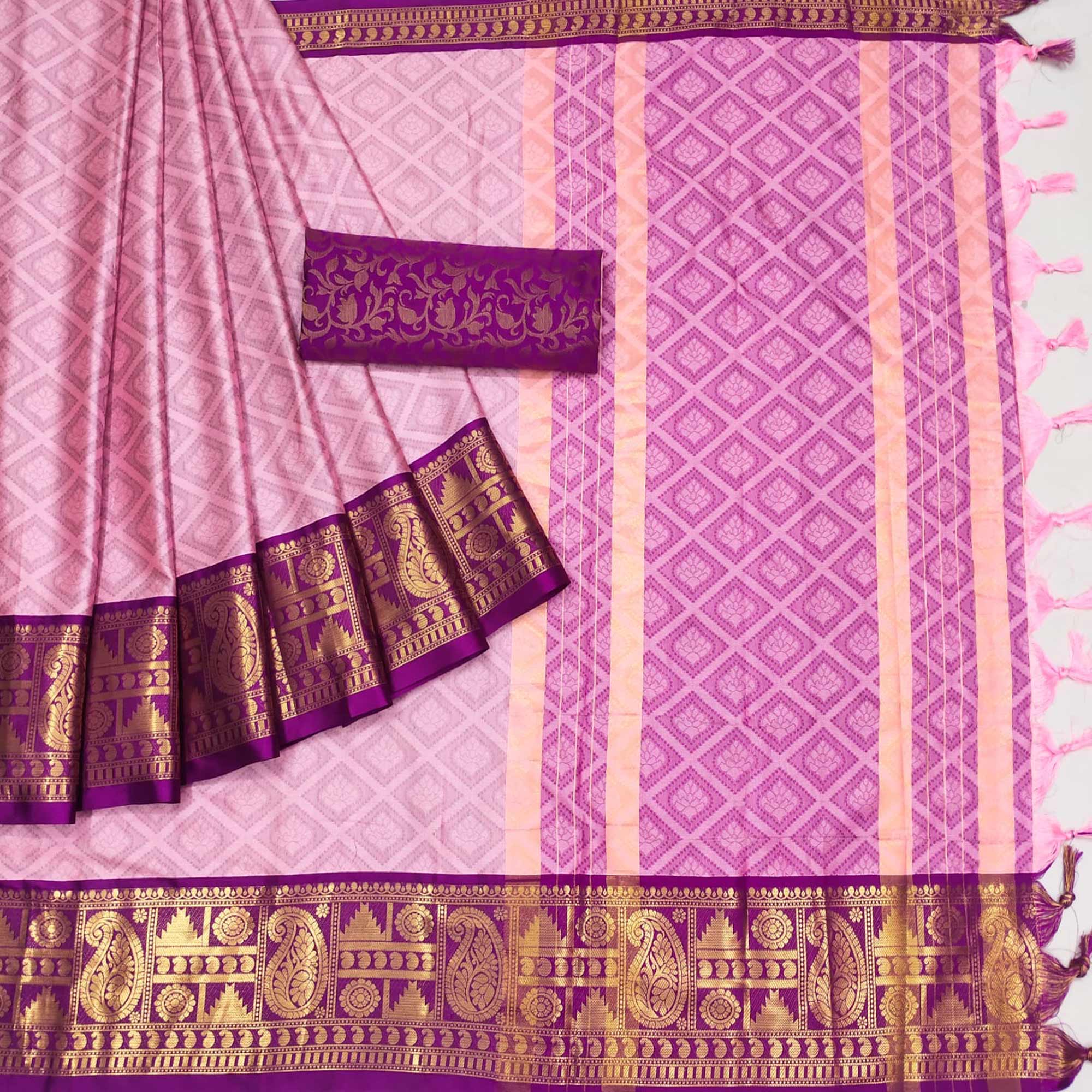 Pink Woven Cotton Silk Saree With Tassels