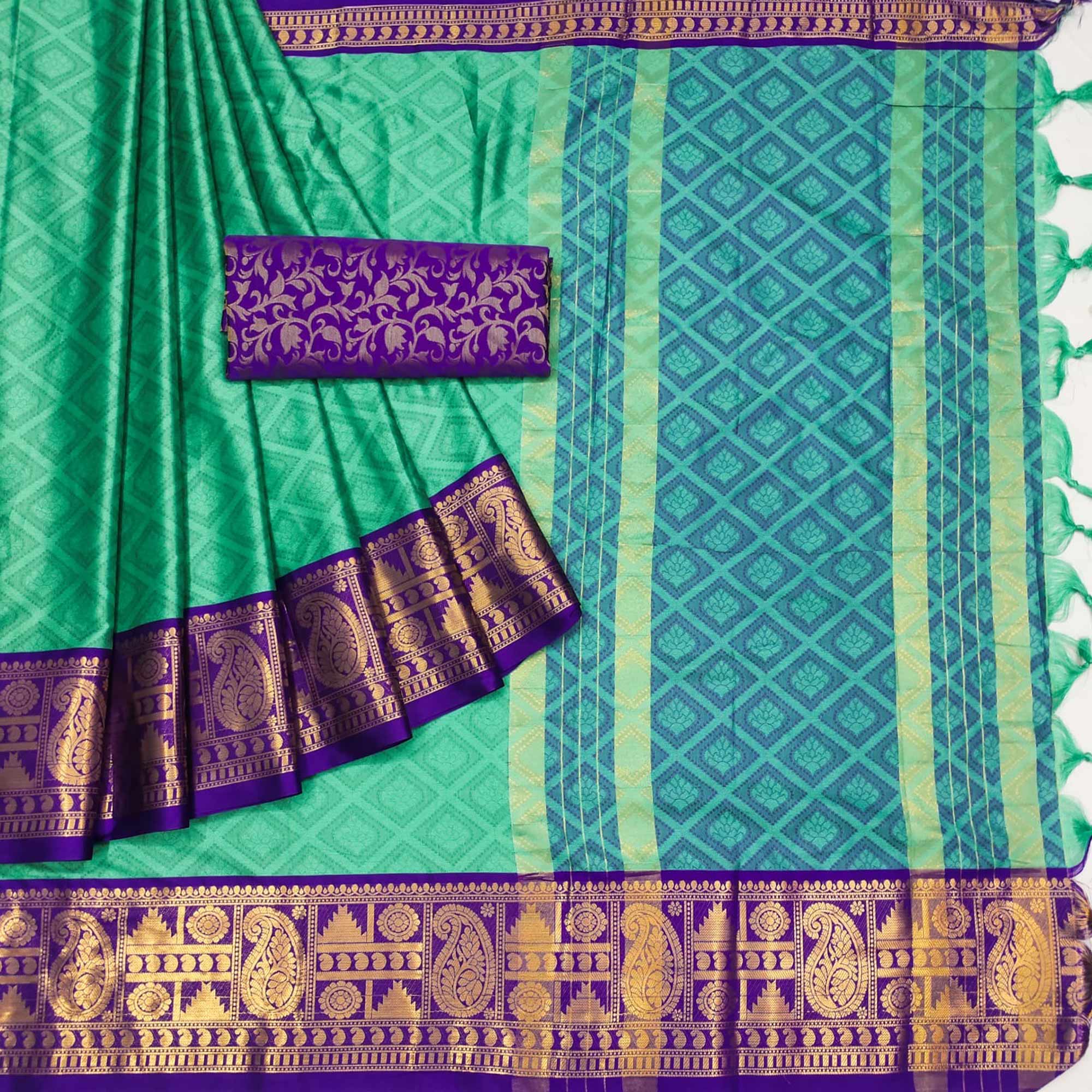 Rama Green Woven Cotton Silk Saree With Tassels